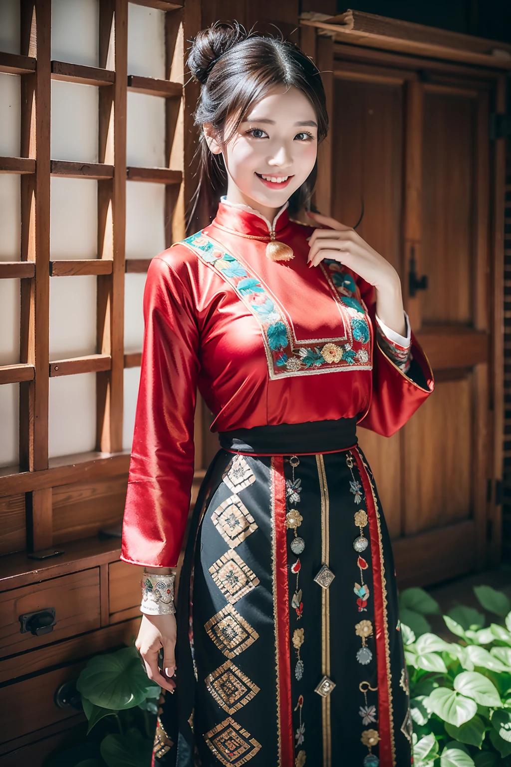 (8K分辨率,Vista full body photo),(1womanl,20yr old,s delicate face,详细的脸,Redlip,Fair smooth skin,(Classic Hmong costume:1.4,(Satin fabric with flowers,The cuffs are multi-colored horizontal strips,Cardigans,Short waist long version),Silver products,Silver necklace,silver hair clip,hair-bun),(pleatedskirt,(Hmong embroidery、batik)),耳Nipple Ring,bangle,Tall and tall,Posture of conversation,perfect hand,Ultra-fine clothing material),(Traditional Xijiang Miao village,Festive party night background in cottage,Exquisite environmental details),(exhilarated,confident smile,Rejoice),(profesional lighting,动态照明),((The colors are more balanced,(black in color,blue colors,red colour))),(Golden section,Cinema lenses,Hasselblad photograp,tmasterpiece:1.3),(Miaozhai idol,Focus on the field,trendsetting,Folklore artist,Art platform)