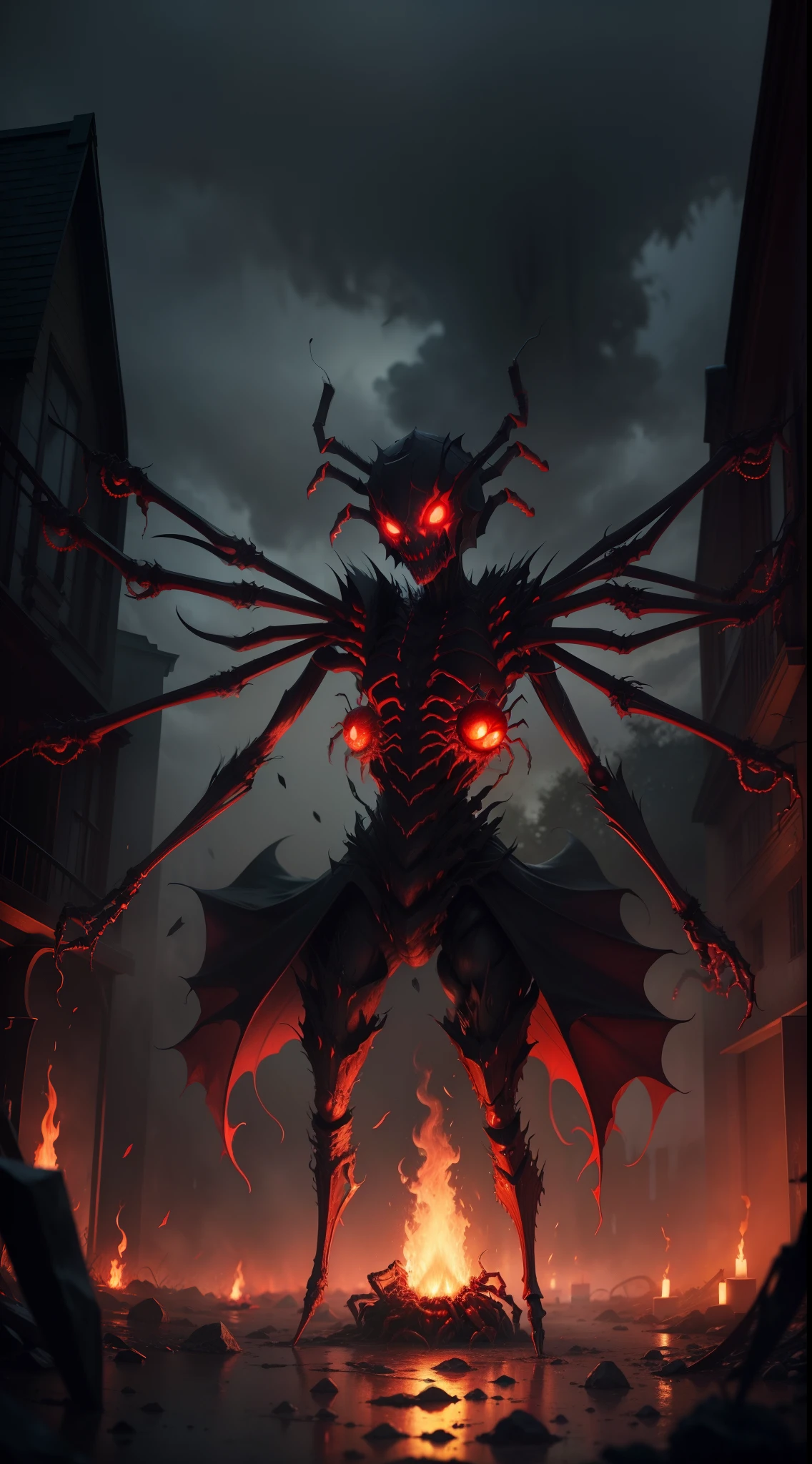 a demonic humanoid spider, night, fall weather, dark, creepy, fire, rain, demonic, glowing red eyes, horror, scary, 4 arms, 4 legs