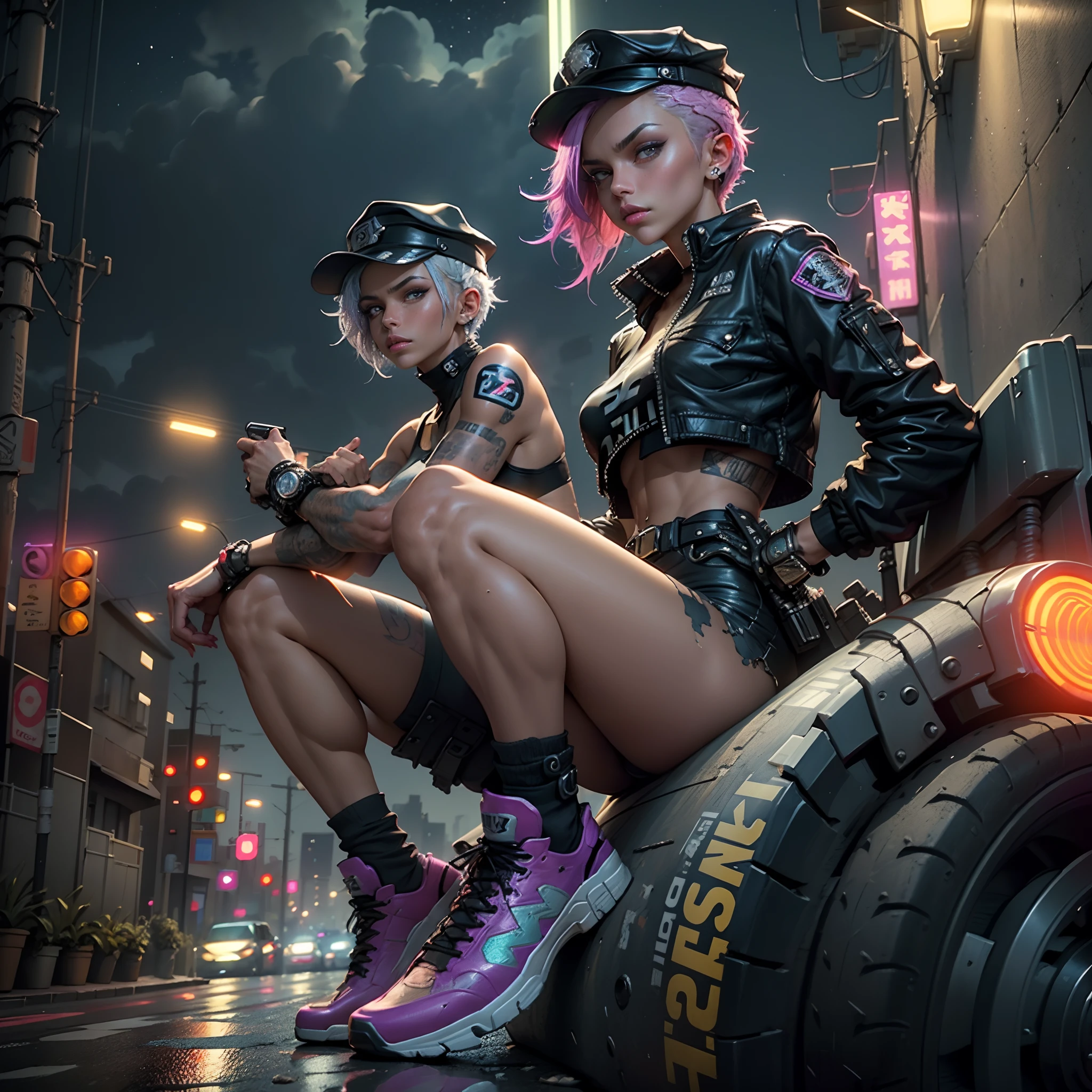 Beautiful woman 1female with punk hair style in a police cap, Short police clothes in the style of cyberpunk police, Tanned:2 Skin, It looks contrasting, good anatomy, Muscles are drawn, sitting in futurasric bike,The evening sky is overcast, in the background ((nighttime)) Colorful Neon City, wet asphalt