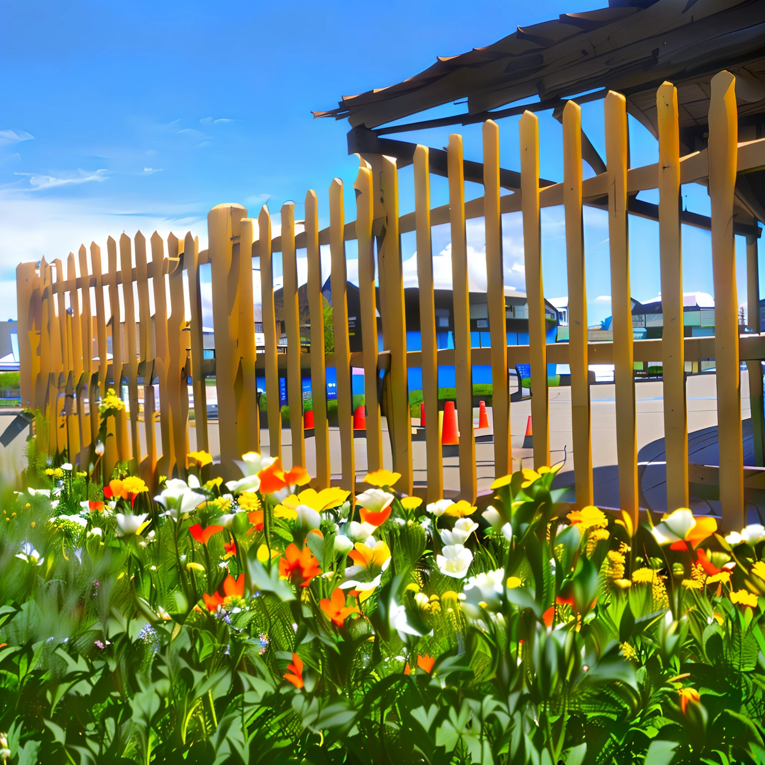 There is a wooden fence，Flowers grow in the grass, Wooden fence, city park with flowers, train station in summer, flowers in foreground, with flower fields as foreground, Flowers around, Flower garden, flowers garden, taken with a Sony A7R camera, Photo taken with Sony A7R, gardens with flower beds, Photo taken with Sony a7R camera