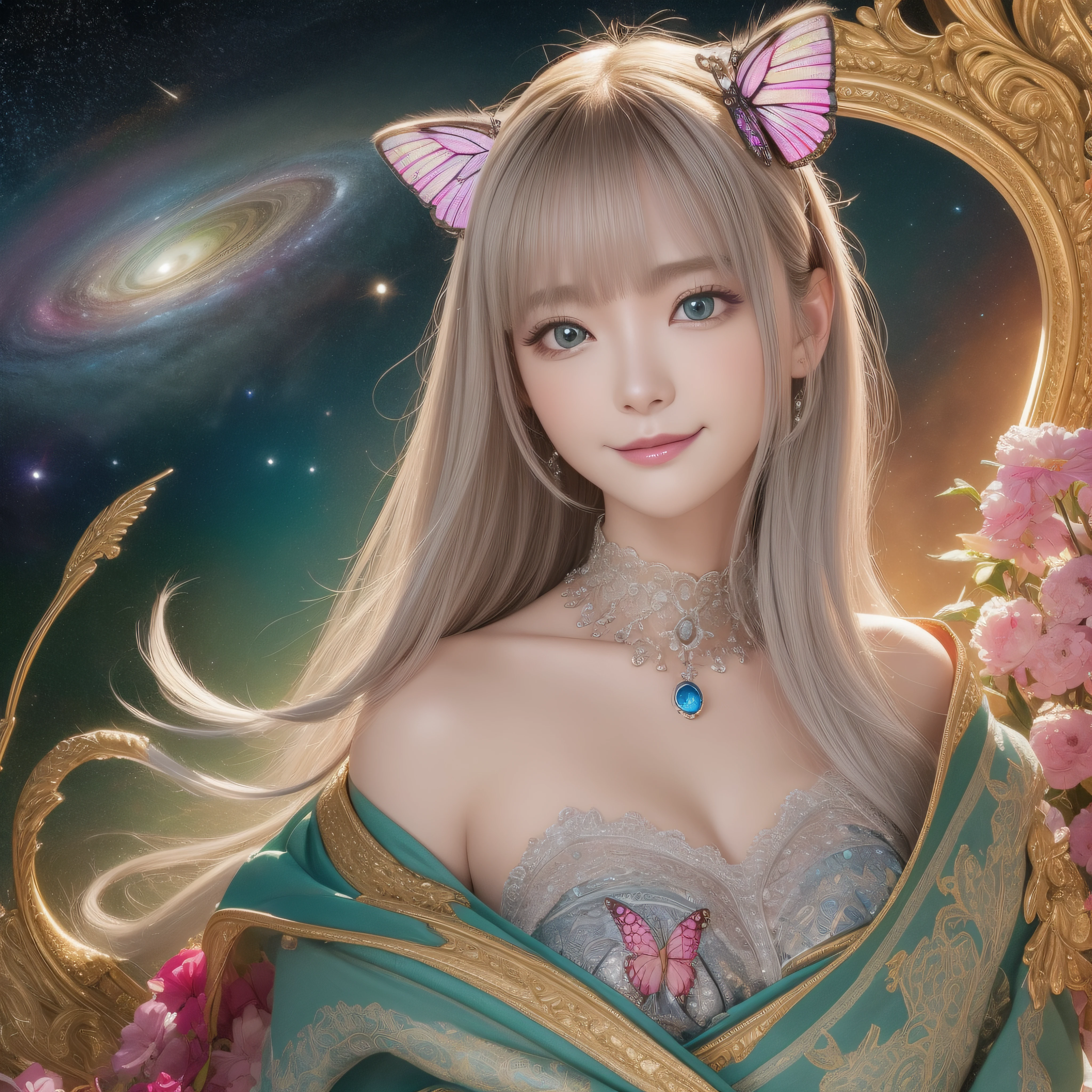 write、Face Close-up、Face Zoom、(masterpiece、top-quality、top-quality、Beautifully Aesthetic:1.2)、(1girl in:1.3)、ighly detailed、(Fractal Art:1.2)、Covered in all colors、colourfull、highestdetailed、(Zentangle:1.2)、(The background is space:1.5)、(Light Dresses:1.2)、(shinny skin)、(Many colors:1.4)、faces、masterpiece、top-quality、hightquality、hight resolution、16 K、raw、超A high resolution、The ultra-detailliert、detaile、extremely delicate and beautiful、A highly detailed、real shadow、animesque、highly detailed painting、Award Winning Painting、Superb Painting、Art styles、((Cute cat in clothes)),Anthropomorphic representation, Rich colors, exquisitedetails, (masutepiece,Best Quality:1.5), (Butterfly exquisite CG), (High resolution:1.5)、(deep dark green eyes、Sapphire green eyes、round and large eyes)(Raise the corners of your mouth and smile、Open your mouth a little、lipgloss)、(short silver hair、fluffy hair)、(the background is the universe、shine)