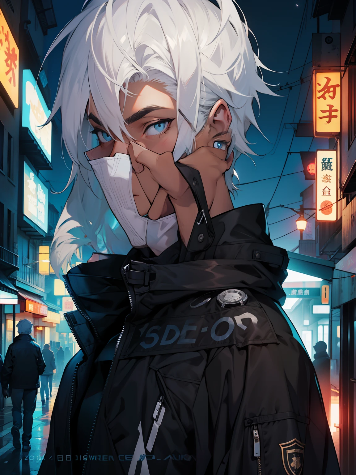 1 young man，Close up，White color hair，Black storm jacket，Night，the street