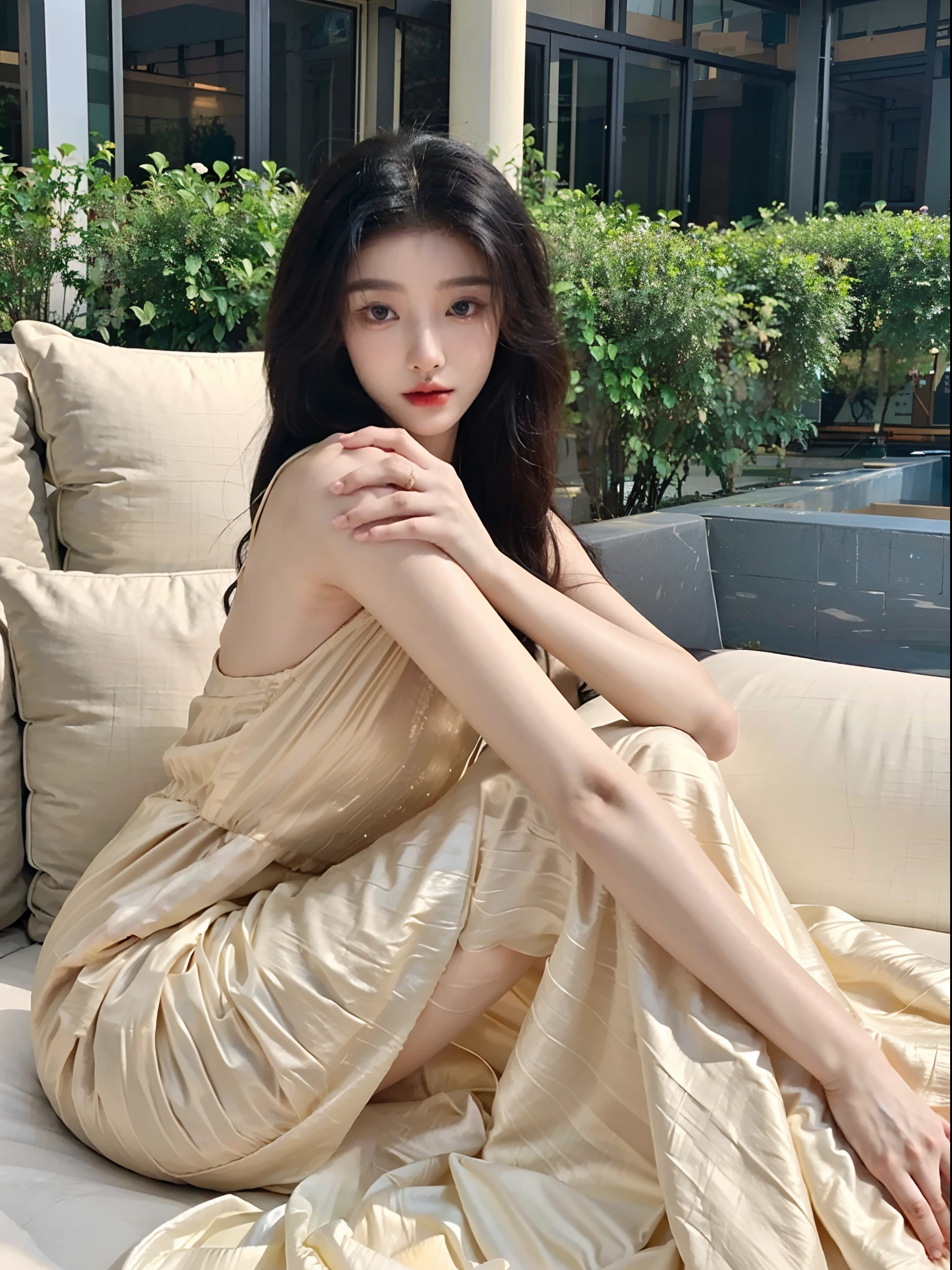 Arakfi woman sitting on sofa in beige dress, gorgeous chinese models, shaxi, gongbi, full-body xianxia, xintong chen, beautiful Korean women, wenfei ye, Fan Bingbing, Choi Hyun-hwa, Long dress, Actress, xision wu, sakimichan, 🔞🤡