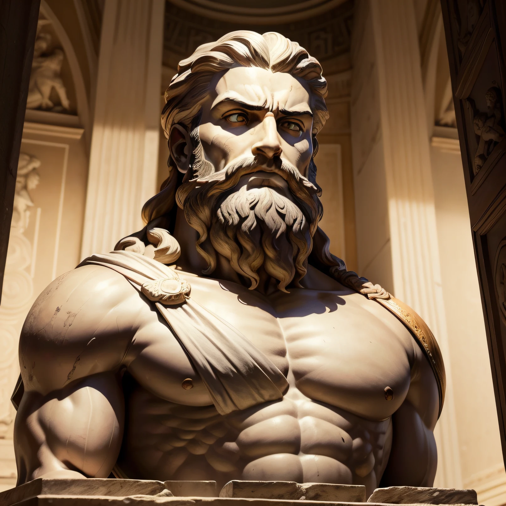 arafed statue of a man with a beard and a beard, eStoic face, greco roman statue, eStoic facial expression, divino e estoico, statue of hercules looking angry, Stoic attitude, Rosto romano, estoico and calm, Retrato de Zeus acidentado, Imperador Romano, Escultura romana, Homem de Roma Antiga, an ancient greek statue, stoic