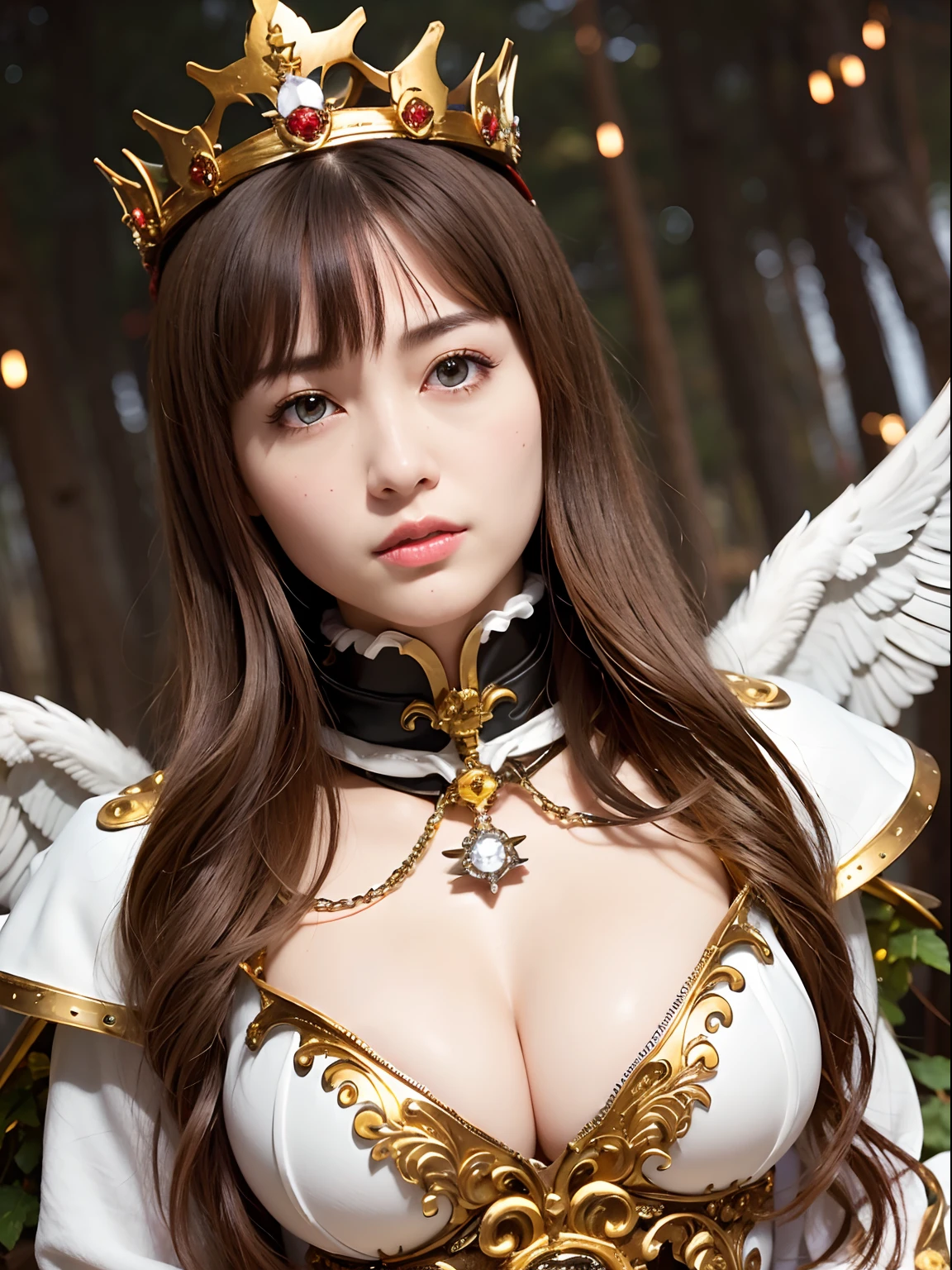 (masutepiece), Professional , ​masterpiece、top-quality、photos realistic , depth of fields （Gemstone Silver Metal Body:1.９),(Matte White、(Gangle's forest background),（Brown hair long straight）、Jewel Gold Weapon、（Castle background),Gorgeous metal weapons,(Detailed and realistic angel white wings) , Detailed Sword of the Brave , Beautiful knife 、delicated face、20 years girl  ,warhammer 40k , adepta sororitas,Detail and ornate jewel crown、a blond、(Gangle's forest background)、Beautiful Caucasian beauty、１a person、dynamic ungle,(((Detailed and ornate diamond crown)))、Smaller head、A smile、Powerful poses、Beautiful thin fingers of a woman、cleavage of the breast、