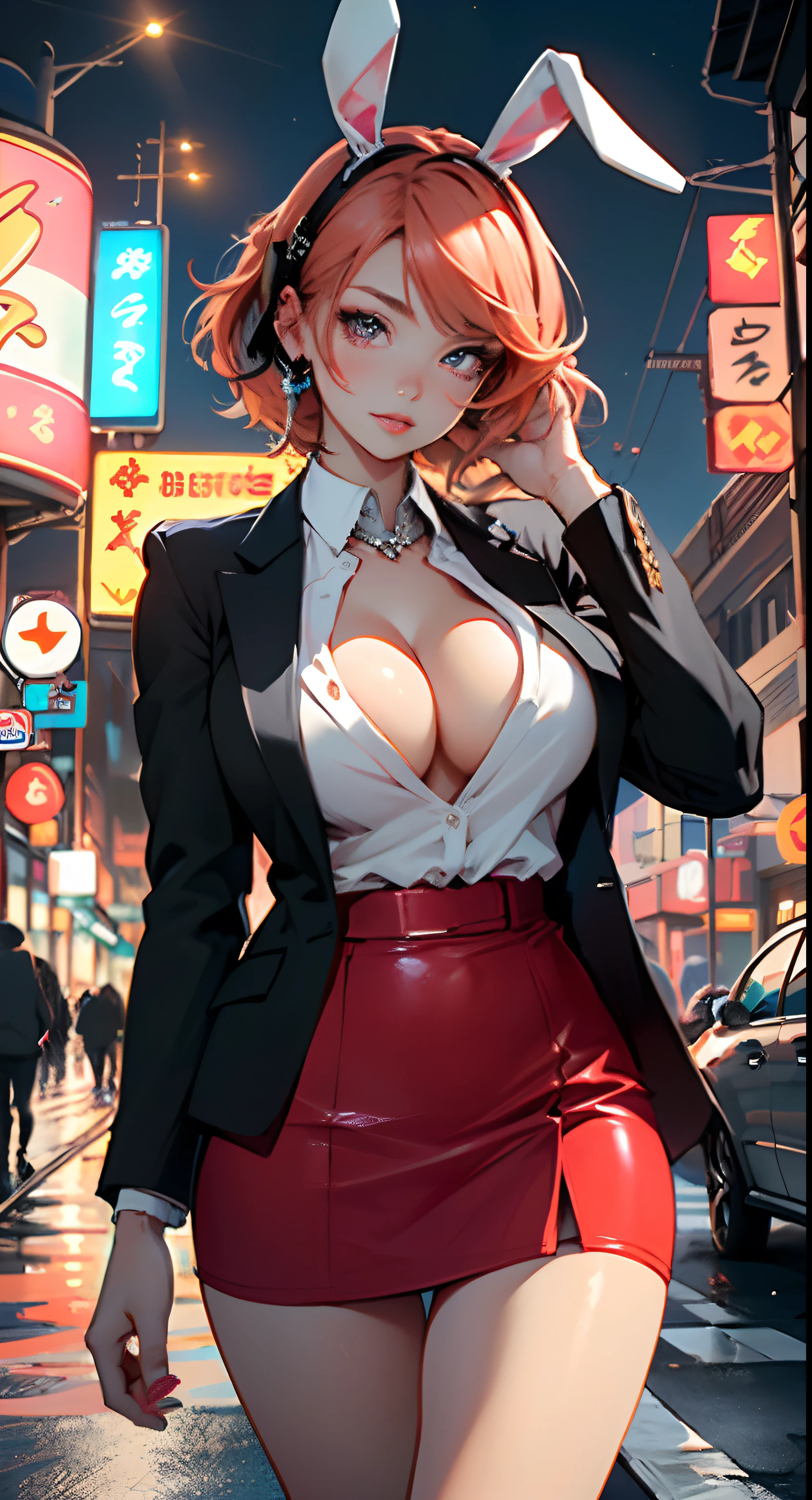 cute bunny girl,(((1girl))),((anime bunny girl with extremely cute and beautiful orange hair walking seductively down the street)),(((bunny girl,anthro furry cute,bunny-girl))),(((bunny ears,bunny ears on head,big bunny ears))),
(large breasts:1.4),saggy breasts,(((red orange hair:1.35,colored inner hair,ear breathing,large hair))),((heterochromia,eye1 red,eye2 orange,perfect eyes,upturned eyes:1.3,beautiful detailed eyes,finely detailed beautiful eyes:1,big highlight on eyes:1.2,slanted eyes)),((fat)),(((lustrous skin:1.5,bright skin: 1.5,skin tanned,shiny skin,very shiny skin,shiny body,plastic glitter skin,exaggerated shiny skin))),(spider lower abdomen,narrow waist,wide hip,athletic body,inflated legs,delicate detailed fingers,detailed body,detailed arms,human hands,(detailed face)),
cute,slutty,seductive,erotic,(((nsfw))),
(((wearing dark red formal blazer,short skirt,))),(((huge cleavage))),(detailed outfit,detailed clothes),
(dynamic pose:1.0),solo focus,embarrassed,centered,scale to fit dimensions,Rule of thirds,
outdoors,((night view)),(very pretty city neon synthwave,cyberpunk night street Background:1.5,dark sky,thick clouds),future vehicles,((neon lights)),thick clouds,(cyberpunk style,neon lights, (synthwave theme background), lonely street),(((detailed background:1.25))),
(best quality),(high resolution),(sharp focus),(ultra detailed),(extremely detailed),(extremely high quality artwork),8k_wallpaper,(extremely detailed CG 8k),(very fine 8K CG),((hyper super ultra detailed perfect piece)),flawless,(((masterpiece))),illustration,vibrant colors,(intricate),High contrast,Selective lighting,Double exposure,HDR (High Dynamic Range),Post-processing,Background blur,