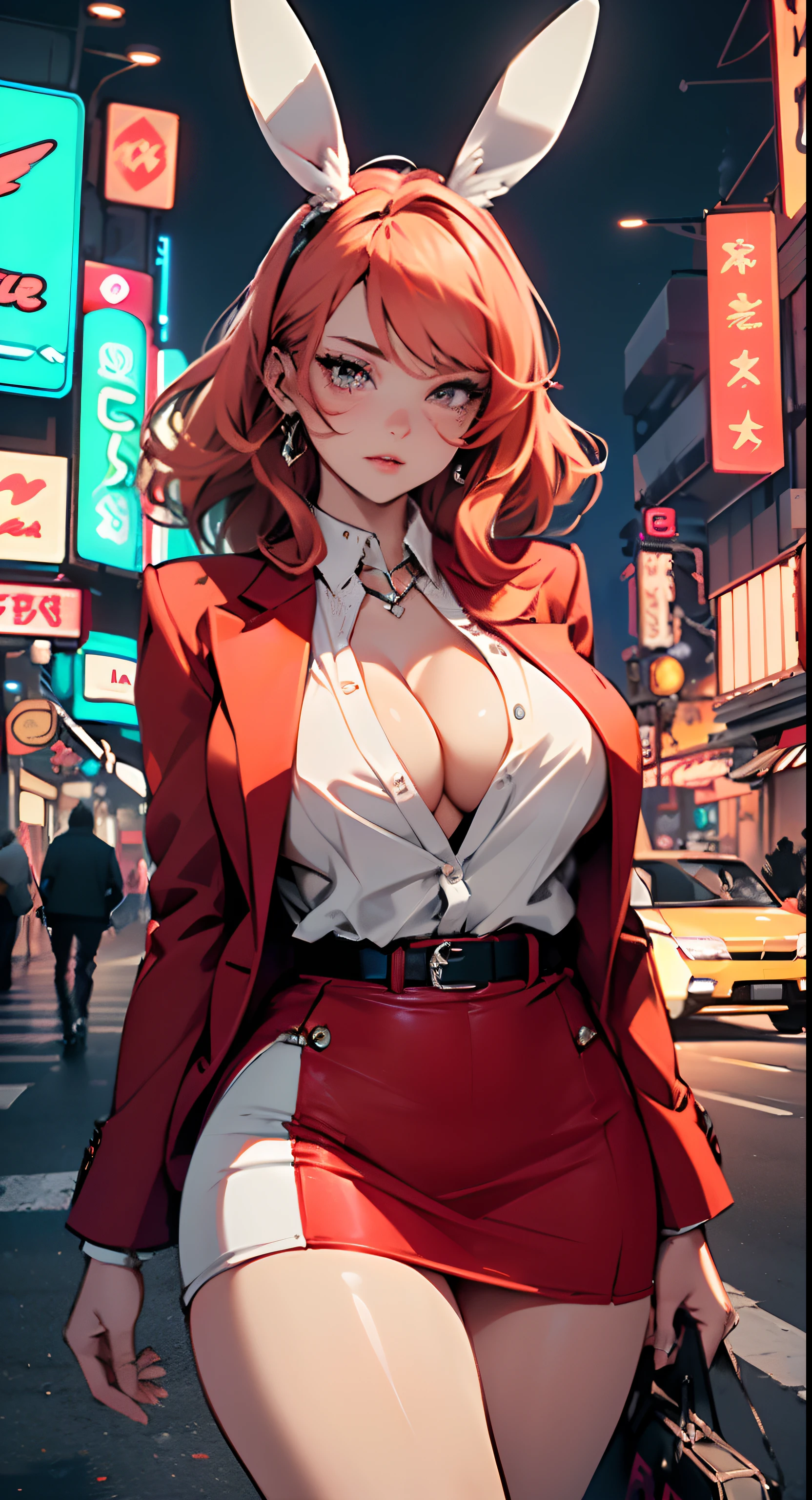 cute bunny girl,(((1girl))),((anime bunny girl with extremely cute and beautiful orange hair walking seductively down the street)),(((bunny girl,anthro furry cute,bunny-girl))),(((bunny ears,bunny ears on head,big bunny ears))),


(large breasts:1.4),saggy breasts,(((red orange hair:1.35,colored inner hair,ear breathing,large hair))),((heterochromia,eye1 red,eye2 orange,perfect eyes,upturned eyes:1.3,beautiful detailed eyes,finely detailed beautiful eyes:1,big highlight on eyes:1.2,slanted eyes)),((fat)),(((lustrous skin:1.5,bright skin: 1.5,skin tanned,shiny skin,very shiny skin,shiny body,plastic glitter skin,exaggerated shiny skin))),(spider lower abdomen,narrow waist,wide hip,athletic body,inflated legs,delicate detailed fingers,detailed body,detailed arms,human hands,(detailed face)),

cute,slutty,seductive,erotic,(((nsfw))),

(((wearing dark red formal blazer,short skirt,))),(((huge cleavage))),(detailed outfit,detailed clothes),

(dynamic pose:1.0),solo focus,embarrassed,centered,scale to fit dimensions,Rule of thirds,

outdoors,((night view)),(very pretty city neon synthwave,cyberpunk night street Background:1.5,dark sky,thick clouds),future vehicles,((neon lights)),thick clouds,(cyberpunk style,neon lights, (synthwave theme background), lonely street),(((detailed background:1.25))),

(best quality),(high resolution),(sharp focus),(ultra detailed),(extremely detailed),(extremely high quality artwork),8k_wallpaper,(extremely detailed CG 8k),(very fine 8K CG),((hyper super ultra detailed perfect piece)),flawless,(((masterpiece))),illustration,vibrant colors,(intricate),High contrast,Selective lighting,Double exposure,HDR (High Dynamic Range),Post-processing,Background blur,