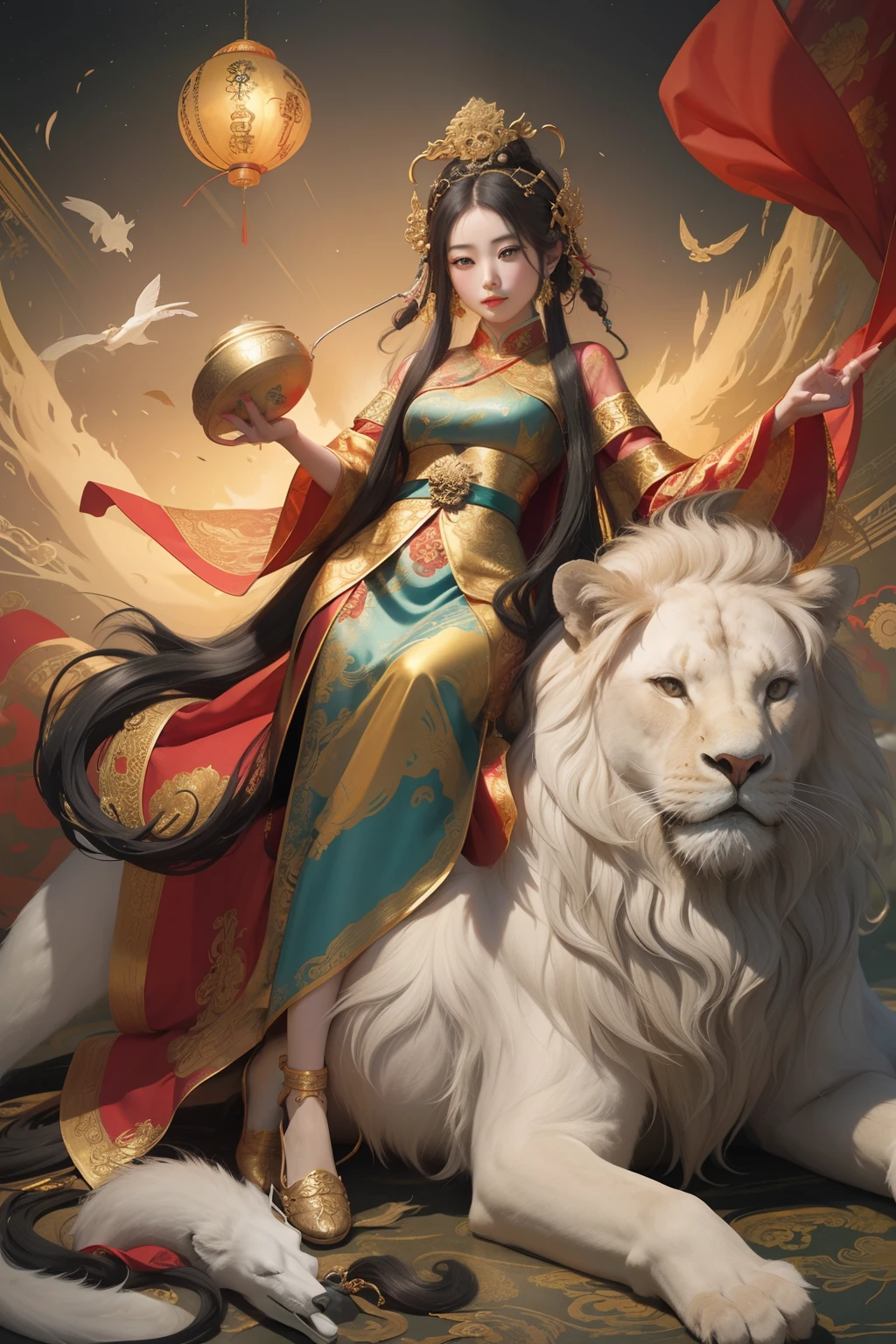 an ancient Chinese goddess, guanyin of the southern seas, Guanyin, Inspired by China, Avalokiteshvara rides a lion，,Serene expression,shui mo hua,Buddha,Buddhist,Lotus,Chinese painting style,Thangka style
