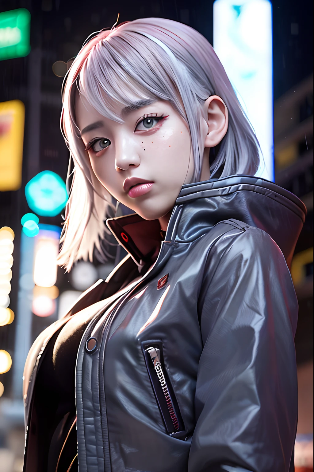 Photorealsitic, hight resolution, 1 rapariga, Korea person, Heterochromia eyes, small moles under eyes,lucy(cyberpunked)、Hair tightening、hime-cut、silber hair、Color Chip、fullmoon、grey  eyes、jaket、shortsleeves、looking at the spectator、Medium hair、O cabelo multicolorido、Bangs parting、Parting lips、Red-haired、full bodyesbian、Red eyeliner、red-lips、独奏、Green jacket、cyberpunked\(series)、Glowing neon lights、Rainy night in cyberpunk city with huge breasts、 8K,