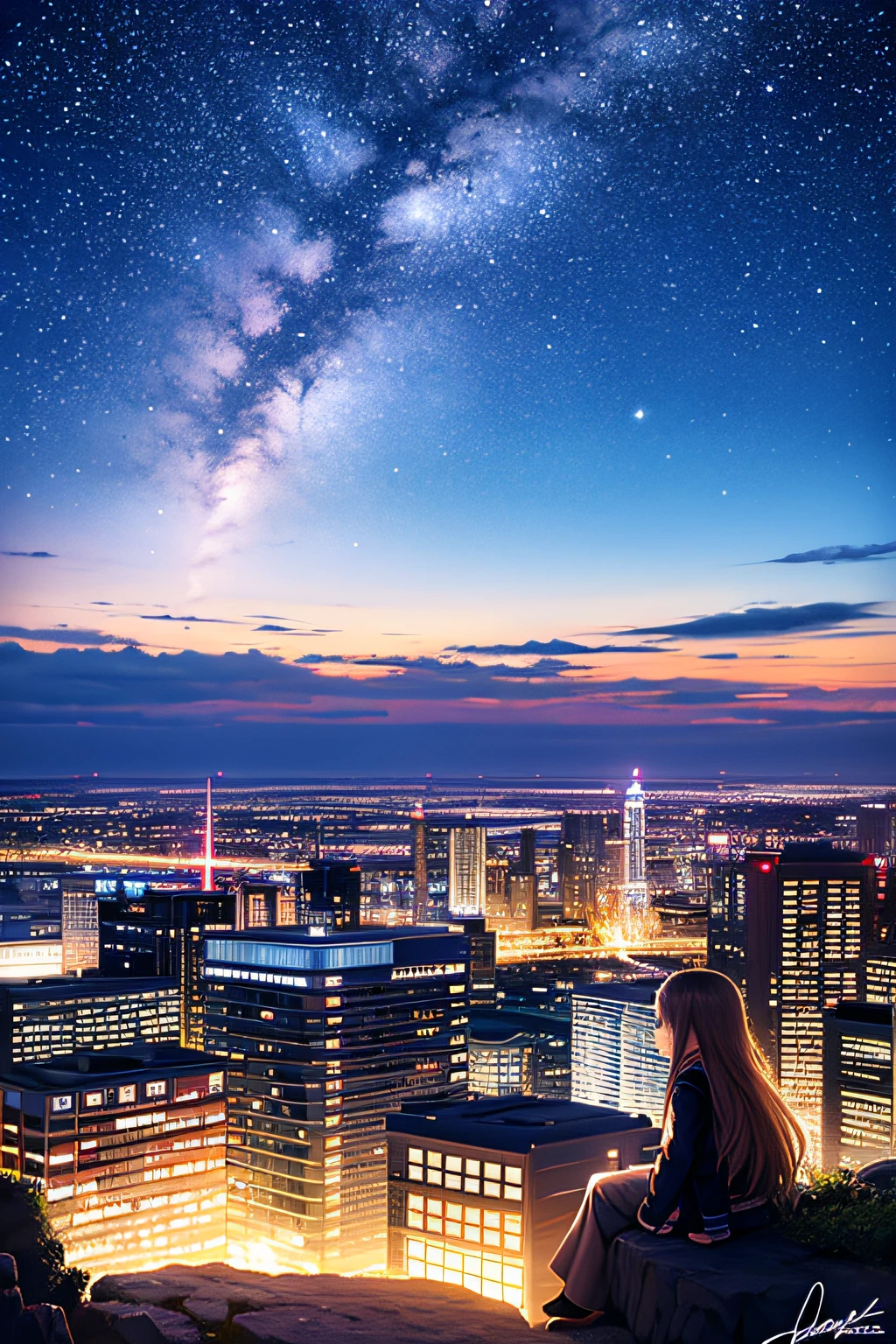 octane, sky, Star (sky), scenery, Starry sky, Night, 1girll, Night sky, Solo, Outdoors, signatures, Building, Cloud, Milky Way, Sitting, tree, Long hair, City, Silhouette, Cityscape