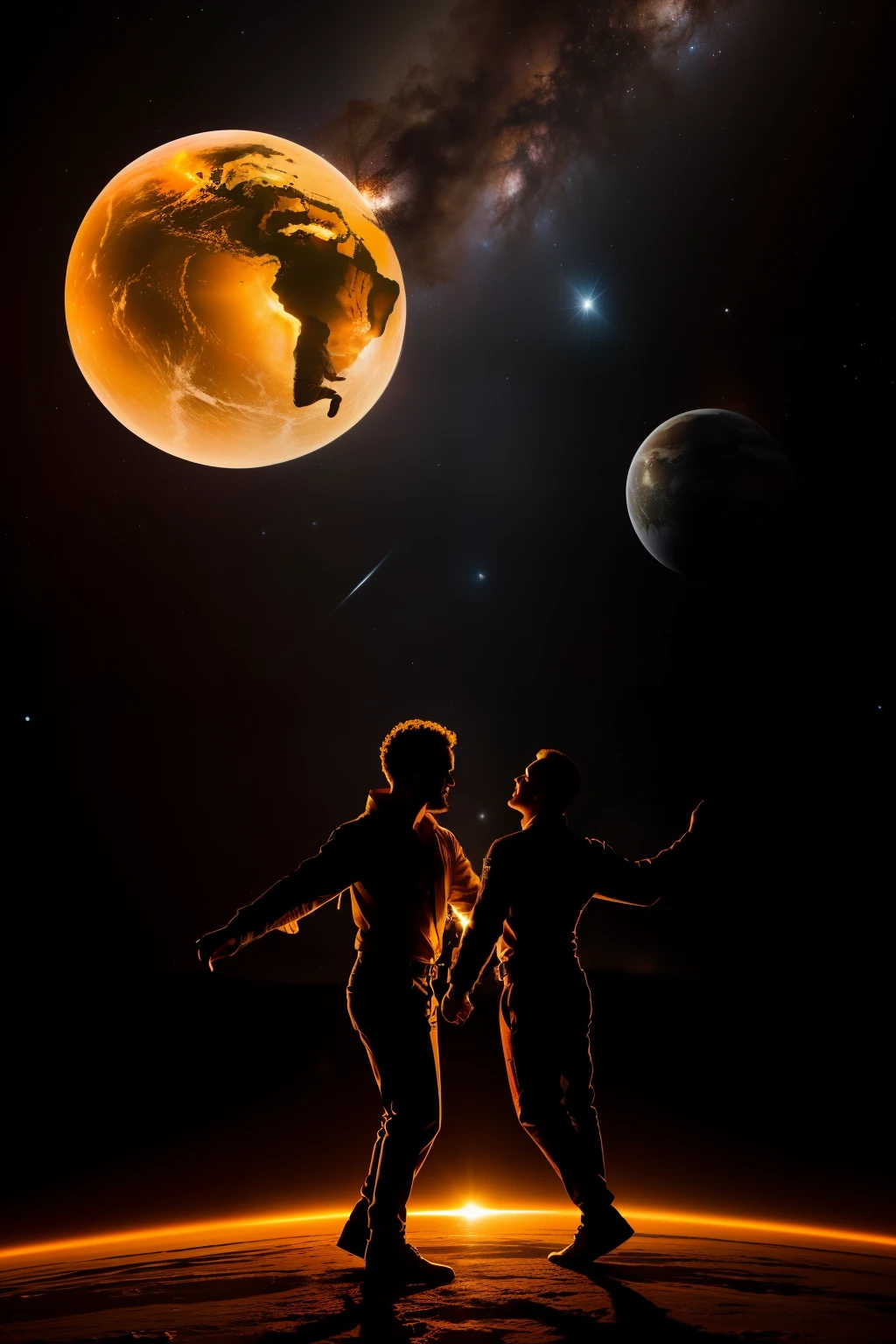 um anjo homem, Dancing next to a demon man, in the space, with planet Earth on fire behind the two, arte conceitual, Beautiful, altamente detalhado
