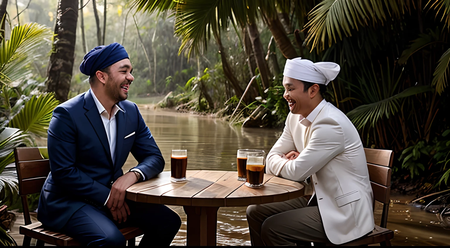 3 malay men seating in office outfit for men drinking coffee in thick and muddy jungle, malay face, 1 men wear traditional malay hat ((kopiah:1.3)), wear suit, realistic face, detail face, laughing and happy, matured men, bright lighting, ultra detail photography, wild animal in background, tiger in background, wild tiger hiding in background,