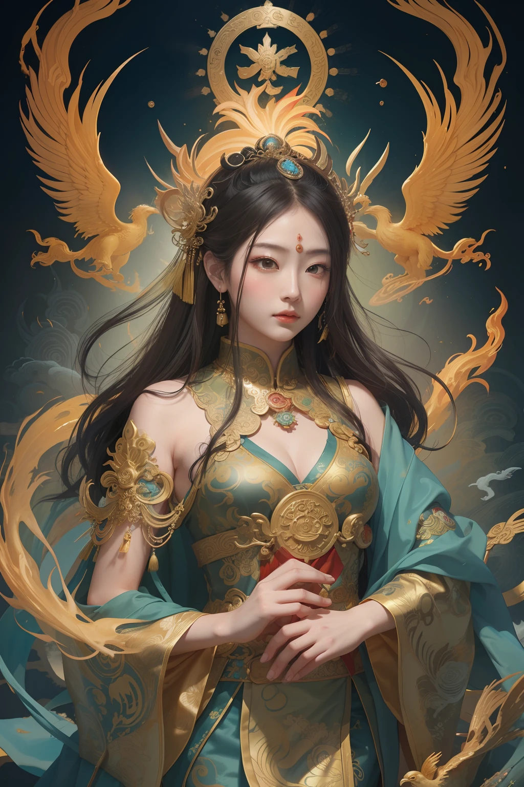 an ancient Chinese goddess, guanyin of the southern seas, Guanyin, Inspired by China, Avalokiteshvara rides a phoenix，,Serene expression,shui mo hua,Buddha,Buddhist,Lotus,Chinese painting style,Thangka style