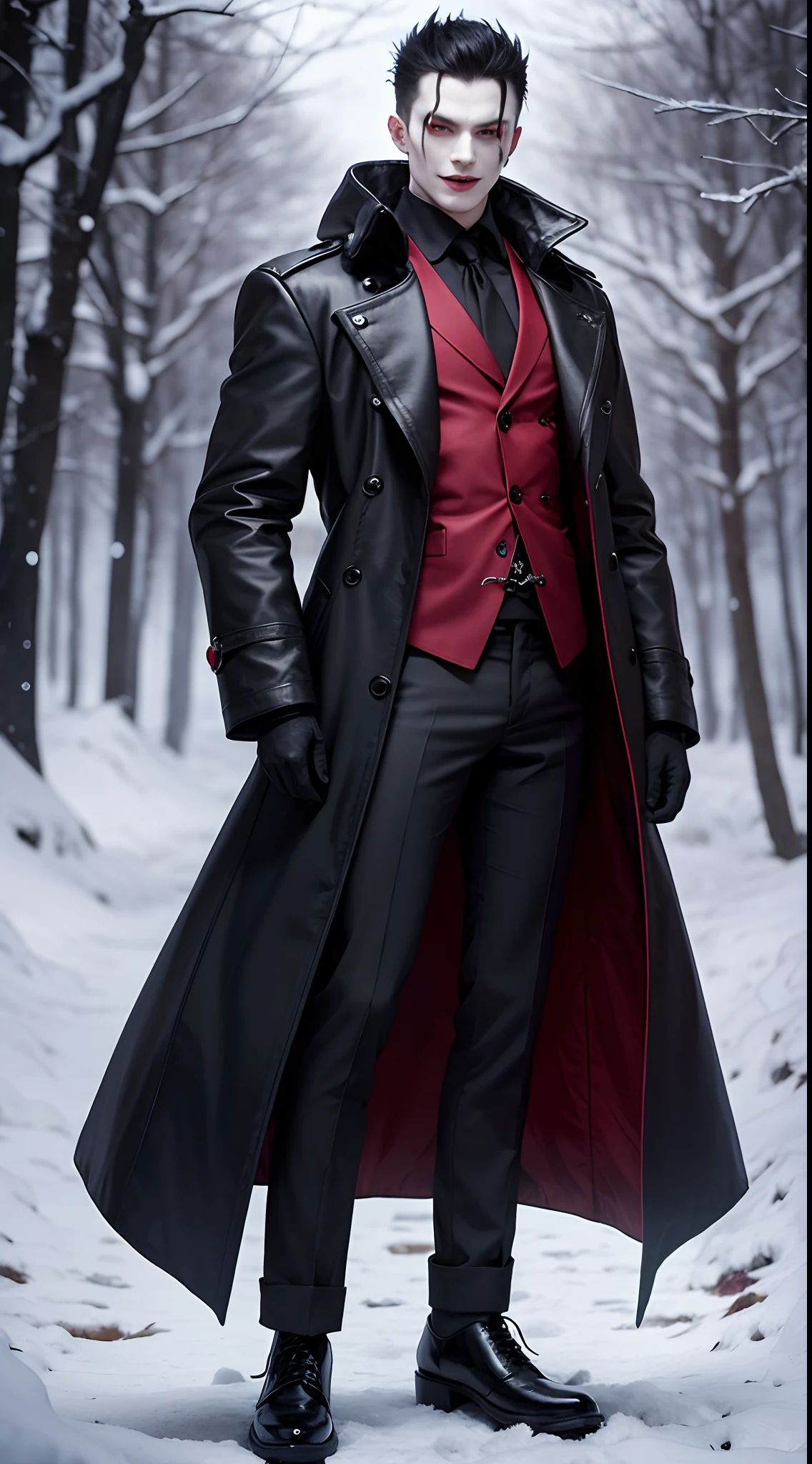 Creepy olpntng style,mistic,full body shot of,Vampires wear long black coats,Red eyes are his most striking feature,There seemed to be an evil aura hidden in his smile,His skin was as pale as snow,Vampire shoes,It shows a mysterious and majestic atmosphere。