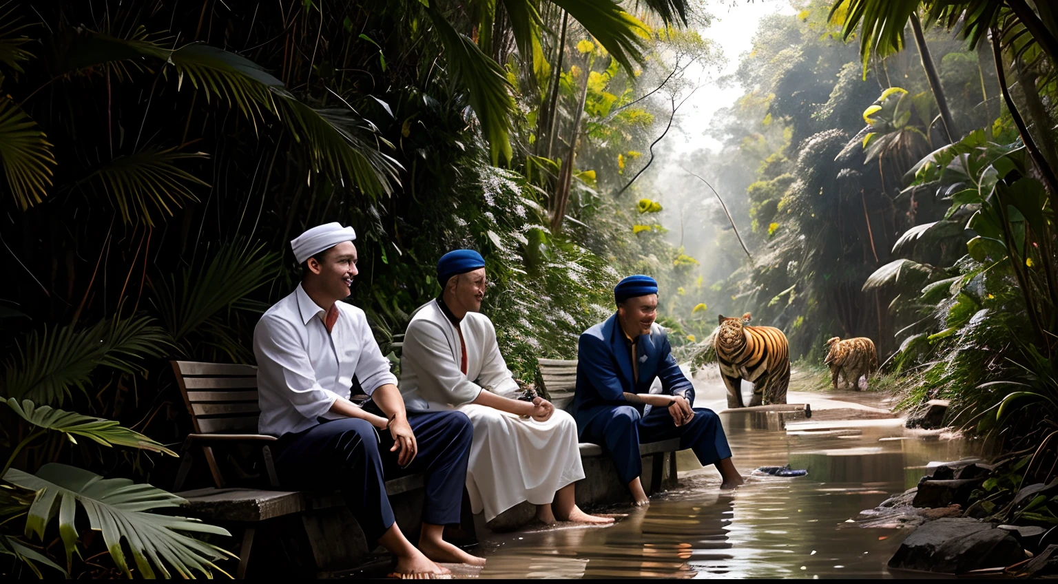 3 malay men seating in office outfit for men drinking coffee in thick and muddy jungle, malay face, 1 men wear traditional malay hat ((kopiah:1.3)), wear suit, realistic face, detail face, laughing and happy, matured men, bright lighting, ultra detail photography, wild animal in background, tiger in background, wild tiger hiding in background,