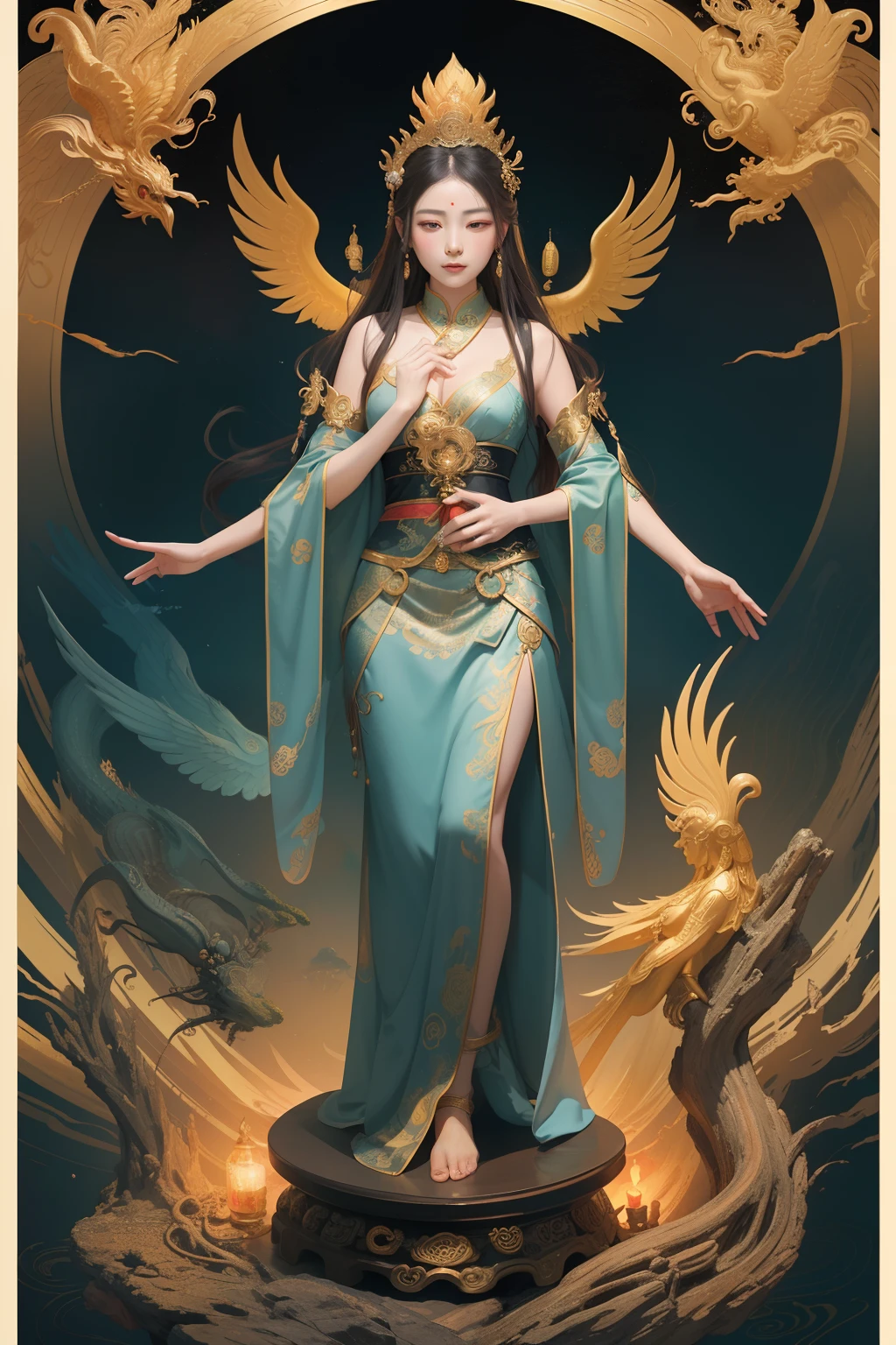 an ancient Chinese goddess, guanyin of the southern seas, Guanyin, Inspired by China, Avalokiteshvara rides a phoenix，,Serene expression,shui mo hua,Buddha,Buddhist,Lotus,Chinese painting style,Thangka style