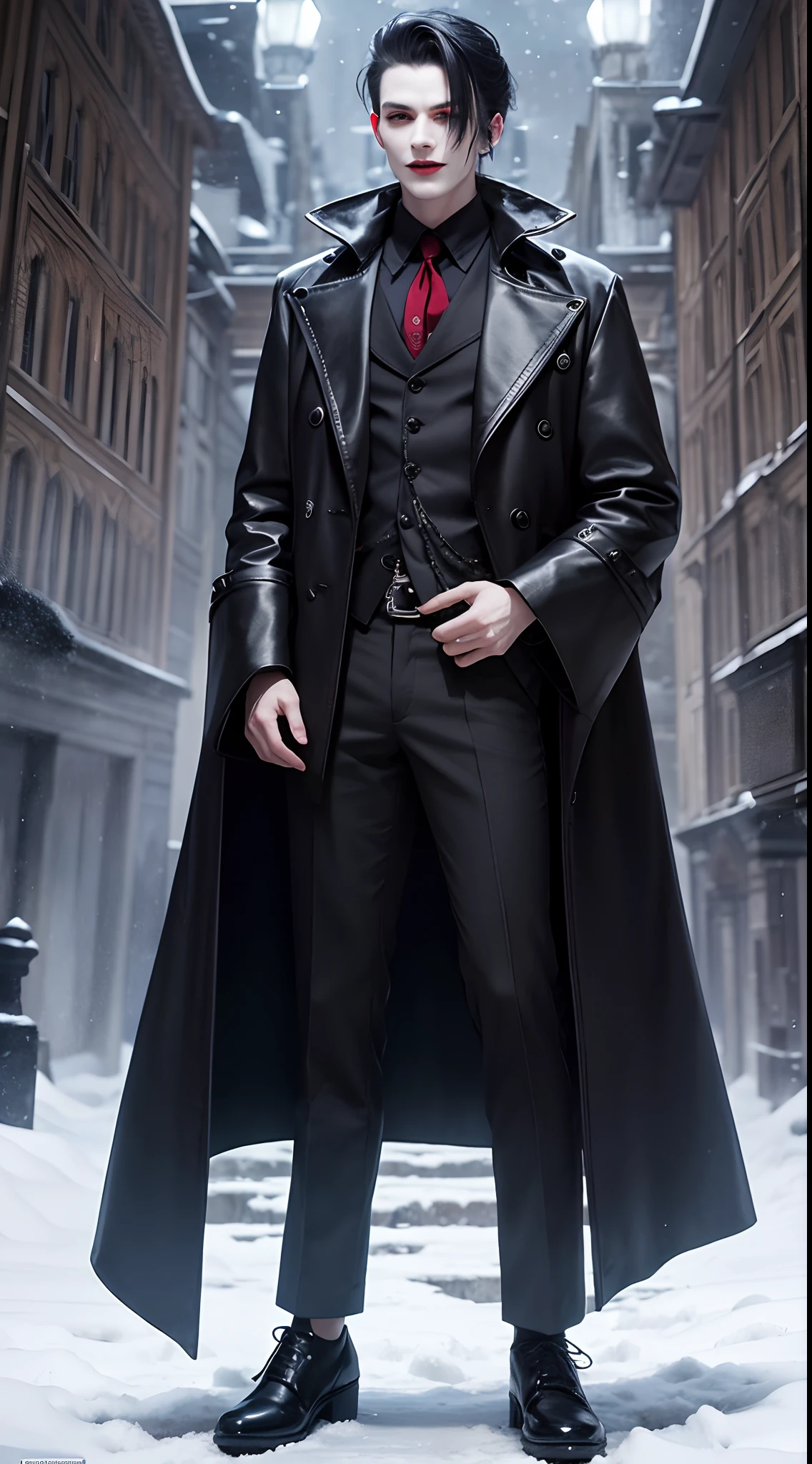Creepy olpntng style,mistic,full body shot of,Vampires wear long black coats,Red eyes are his most striking feature,There seemed to be an evil aura hidden in his smile,His skin was as pale as snow,Vampire shoes,It shows a mysterious and majestic atmosphere。