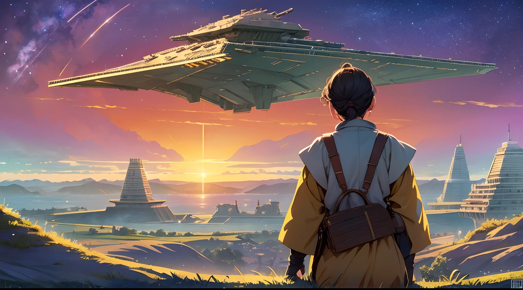 A villager on Naboo looking up at a Star Destroyer far away in the sky, (illustration style), Star Wars, back view, full body, colorful, vivid colors
