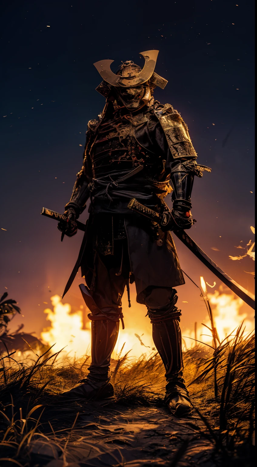 male samurai, ((foto realistic)), ((hannya mask)), full body, badass pose, dual katana, ((black armor)), edo period, devastation, burning castle, moon and stars in the background.