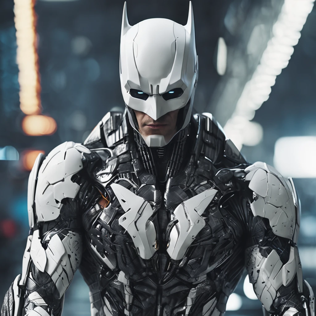 A realistic white batman in an advanced cybernetic suit high quality perfect and symmetrical edges