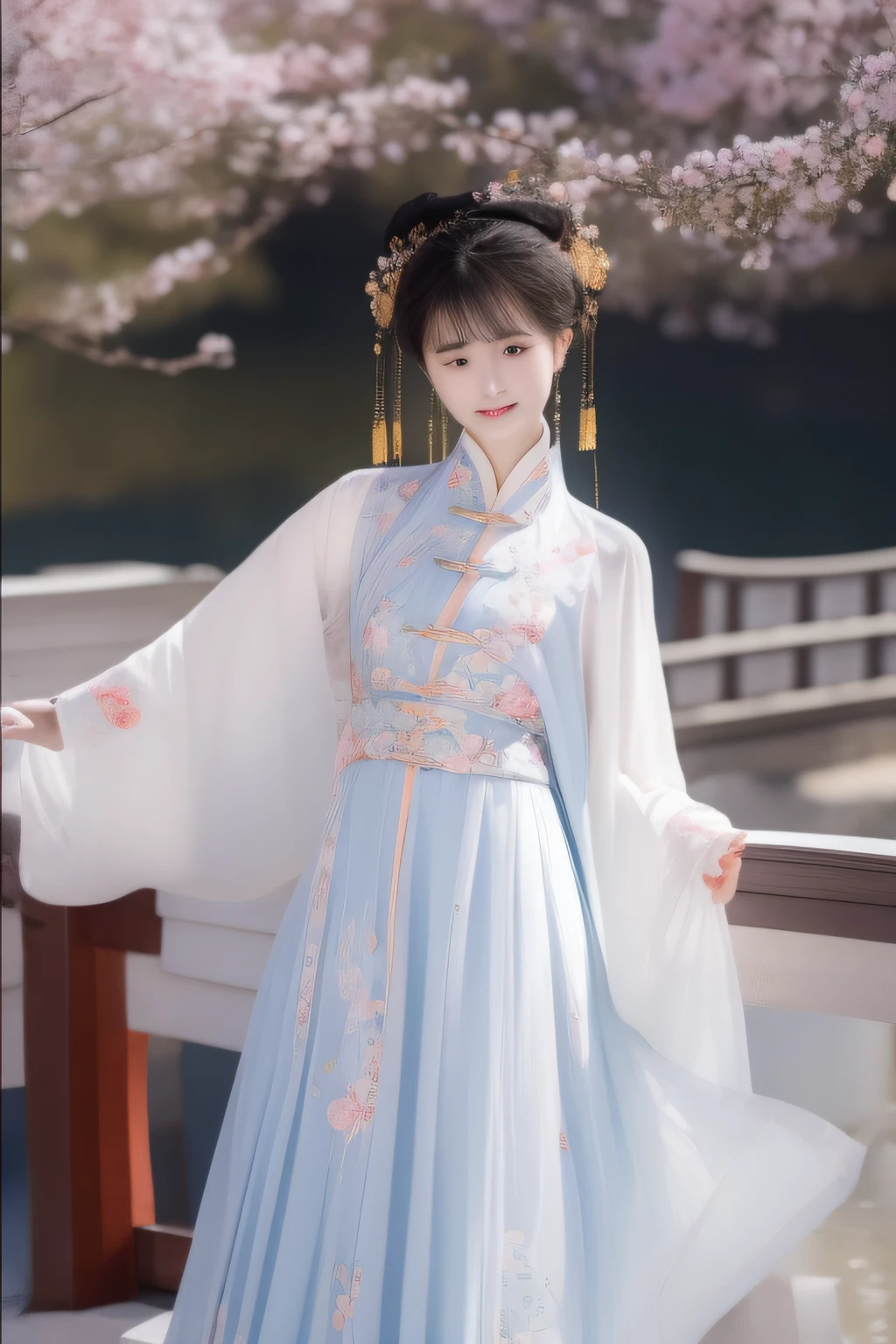 small bridge flowing water，On the bridge deck stood a woman dressed in Chinese clothing。。。。，Delicate facial features，In exuberant spirits。hyper HD