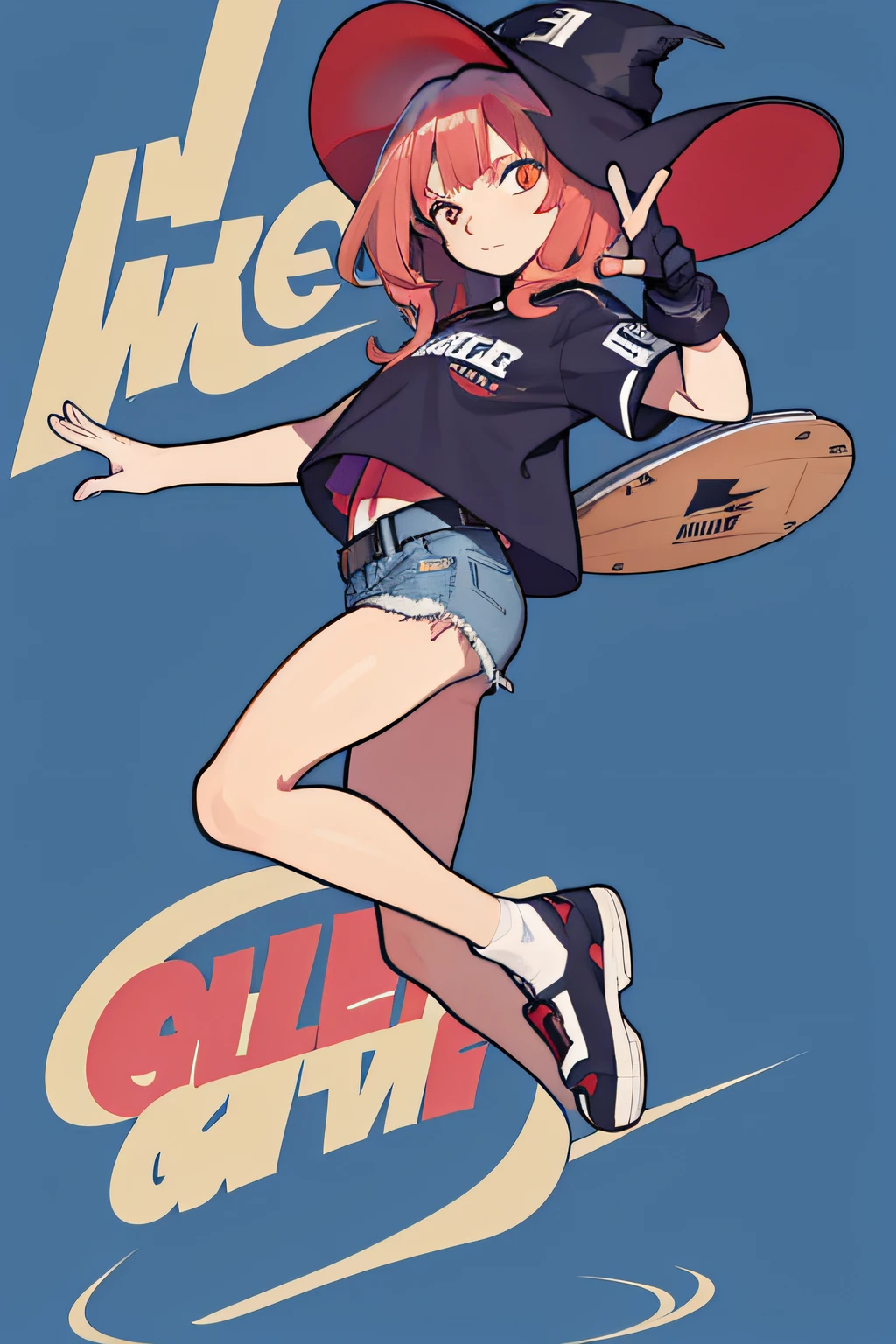 "Red-haired girl，Golden eyes，solid blue background，tee shirt，denim short，Nike board shoes，Whole body diagram，Exaggerated and beautiful dynamic pose，slim toned body，Beautiful lines，Fingers are clear and unambiguous，Playful expression。"