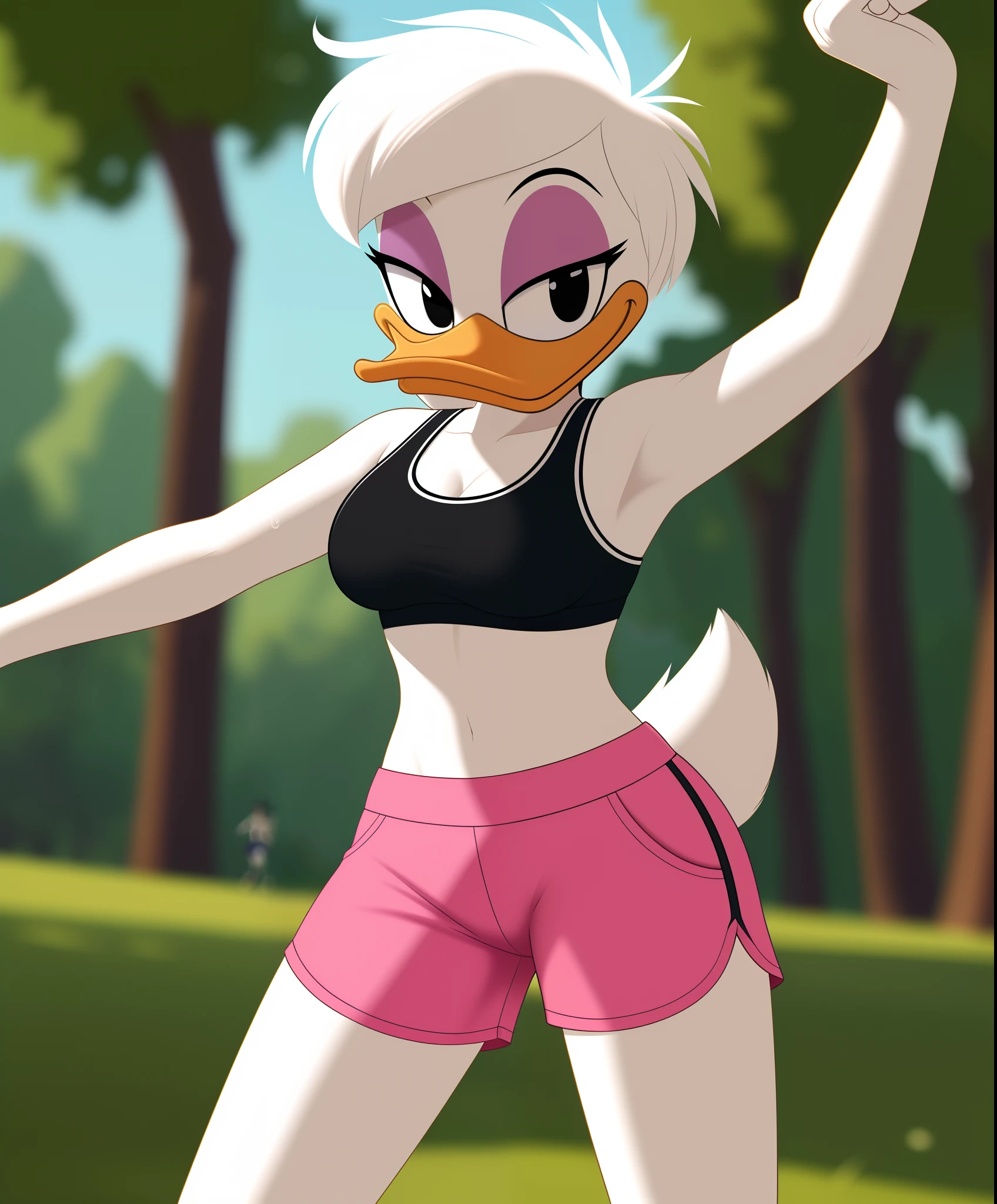 photorealism, female daisy duck, detailed background, outside, eyeshadow, white hair, hairstyle,

wear sports bra, pink shorts,  sports, sweat, running away,  stretching

simple black eyes, detailed, intricate, furry, 

8k hd, highest quality, (detailed white fur:1.3) (soft cinematic light:1.1) ,