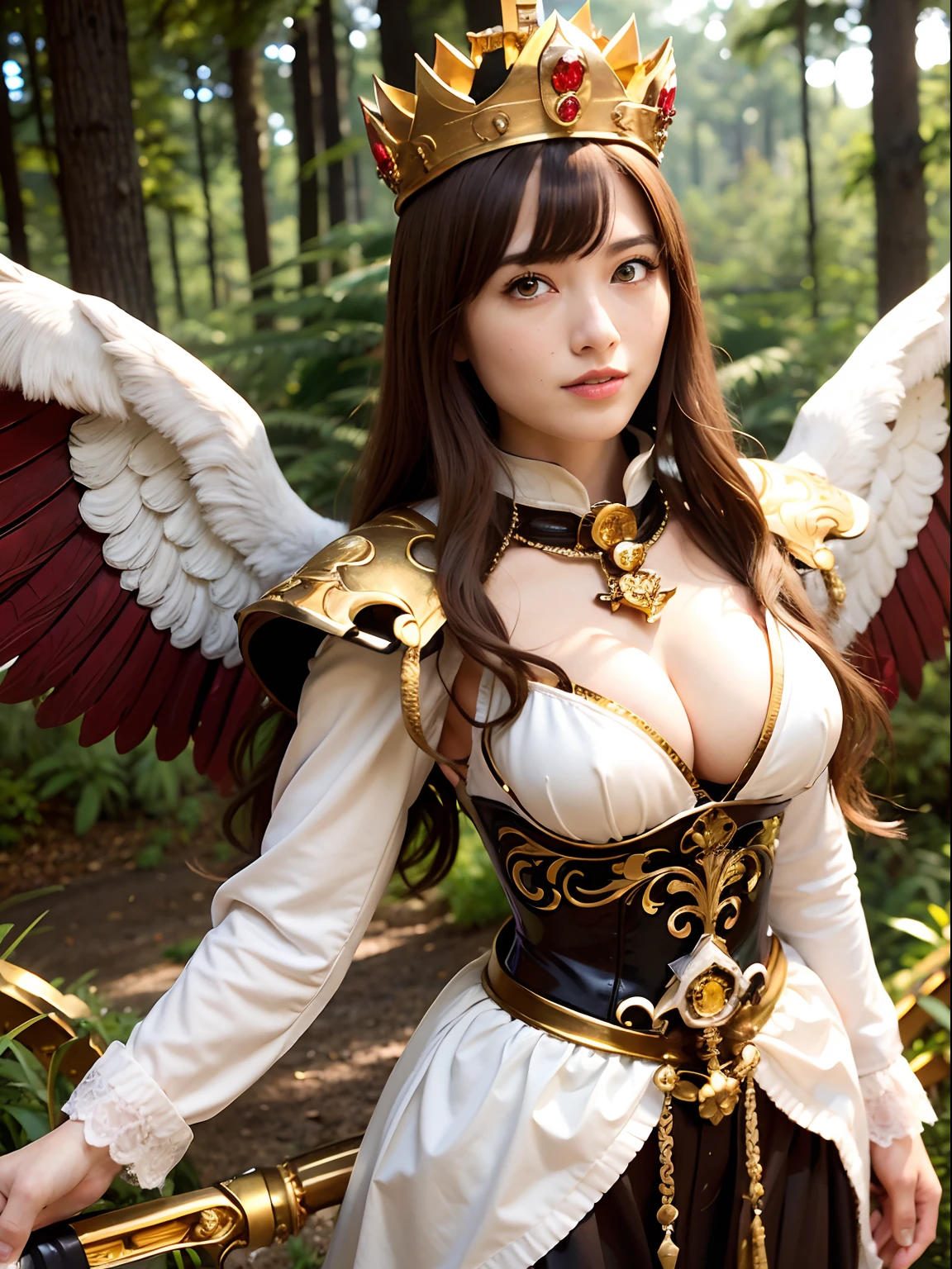 (masutepiece), Professional , ​masterpiece、top-quality、photos realistic , depth of fields （Gemstone Silver Metal Body:1.９),(Matte White、(Gangle's forest background),（Brown hair long straight）、Jewel Gold Weapon、（Castle background),Gorgeous metal weapons,(Detailed and realistic angel white wings) , Detailed Sword of the Brave , Beautiful knife 、delicated face、20 years girl  ,warhammer 40k , adepta sororitas,Detail and ornate jewel crown、a blond、(Gangle's forest background)、Beautiful Caucasian beauty、１a person、dynamic ungle,(((Detailed and ornate diamond crown)))、Smaller head、A smile、Powerful poses、Beautiful thin fingers of a woman、cleavage of the breast、