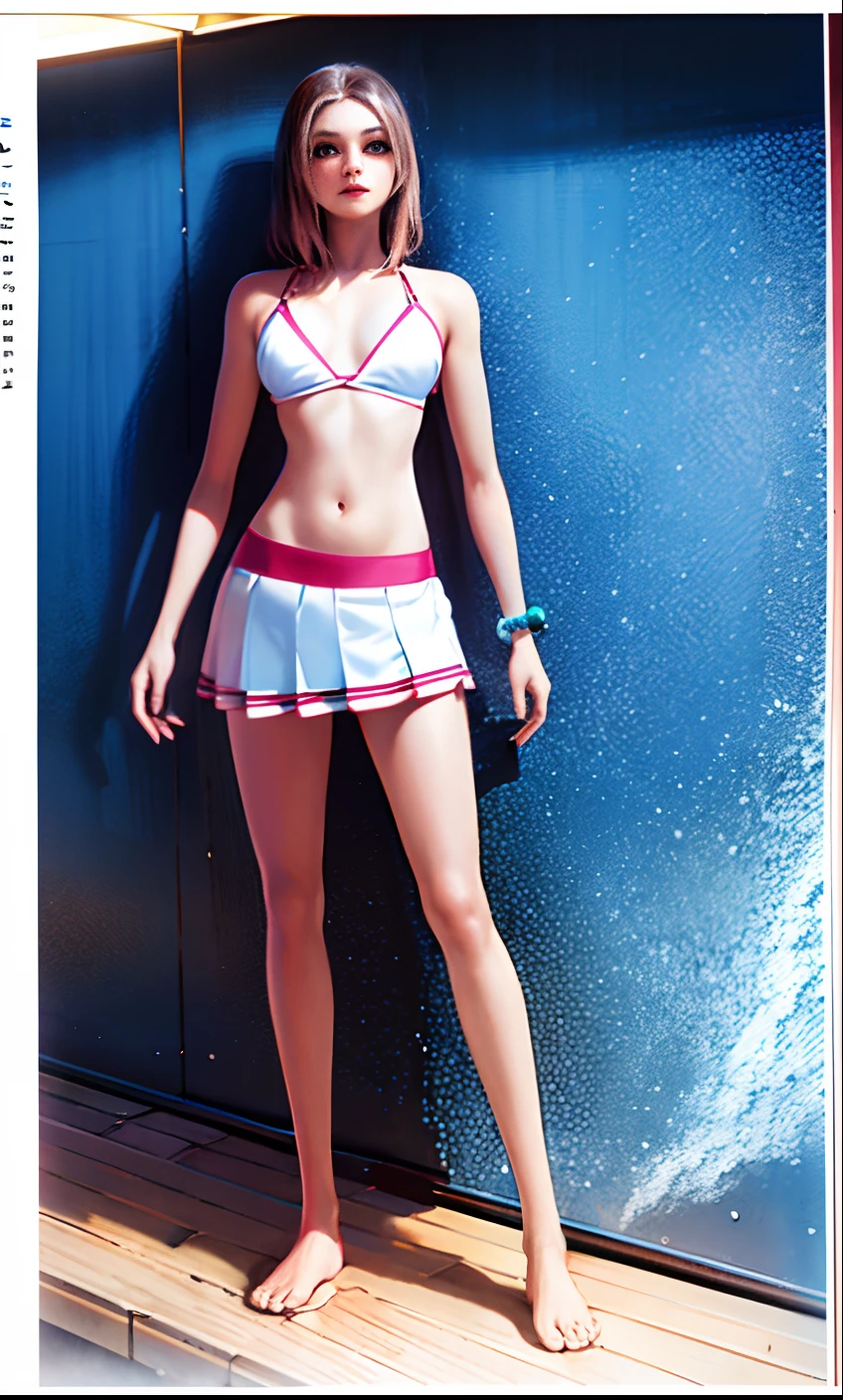 Cartoons of a woman in a bikini and tennis skirt, traje: sbikini, is wearing a swimsuit, roupa feminina, anime vtuber modelo de corpo inteiro, Estilo de pista Azur, meninas estilo linha de frente, Realistic bikini, design de roupa clara, white skirt and barechest, usando uma regata e saia, meu vestido queridinho anime, detalhes finos. meninas da linha de frente