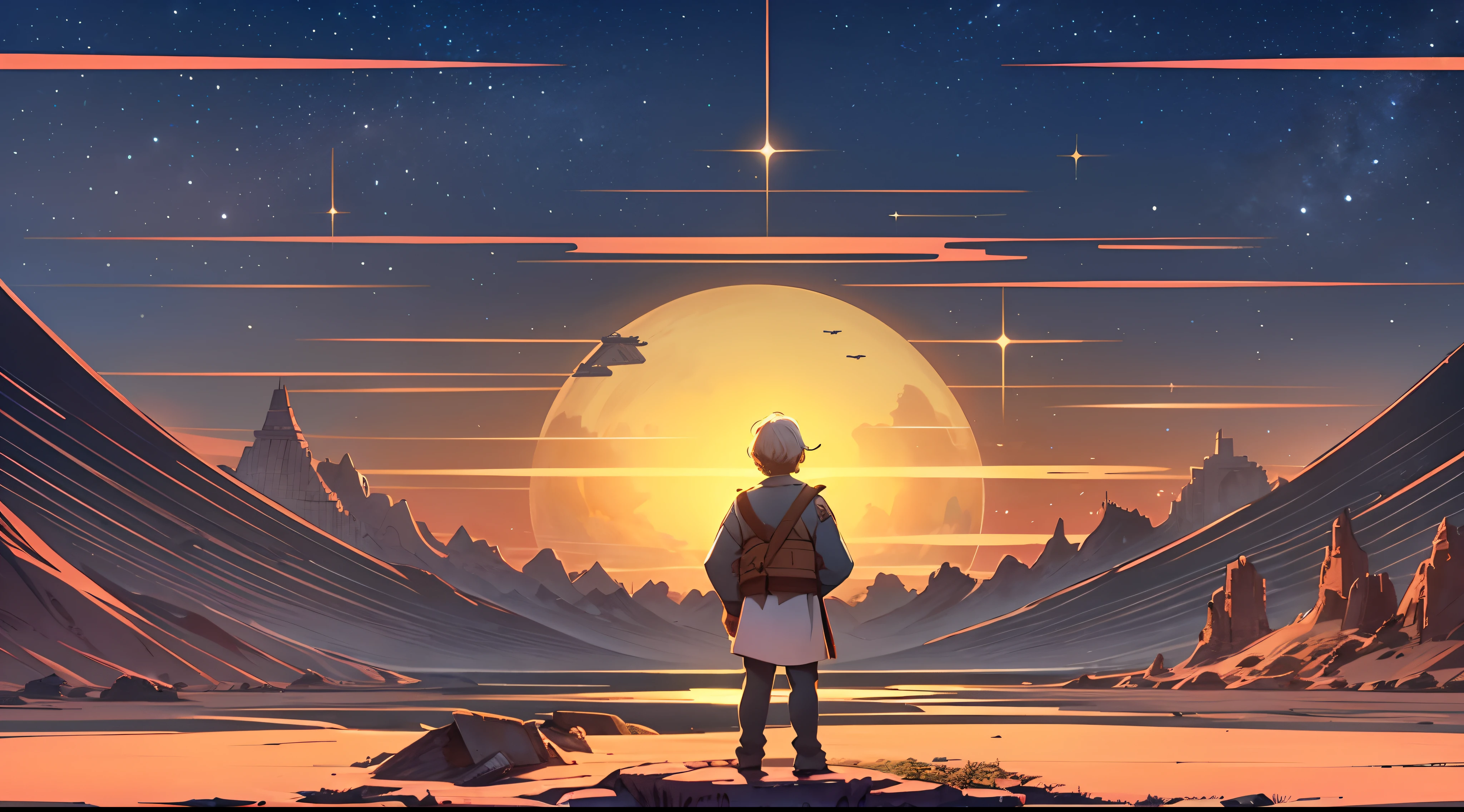 A villager on Naboo looking up at a Star Destroyer far away in the sky, (illustration style), Star Wars, back view, full body, vivid colors
