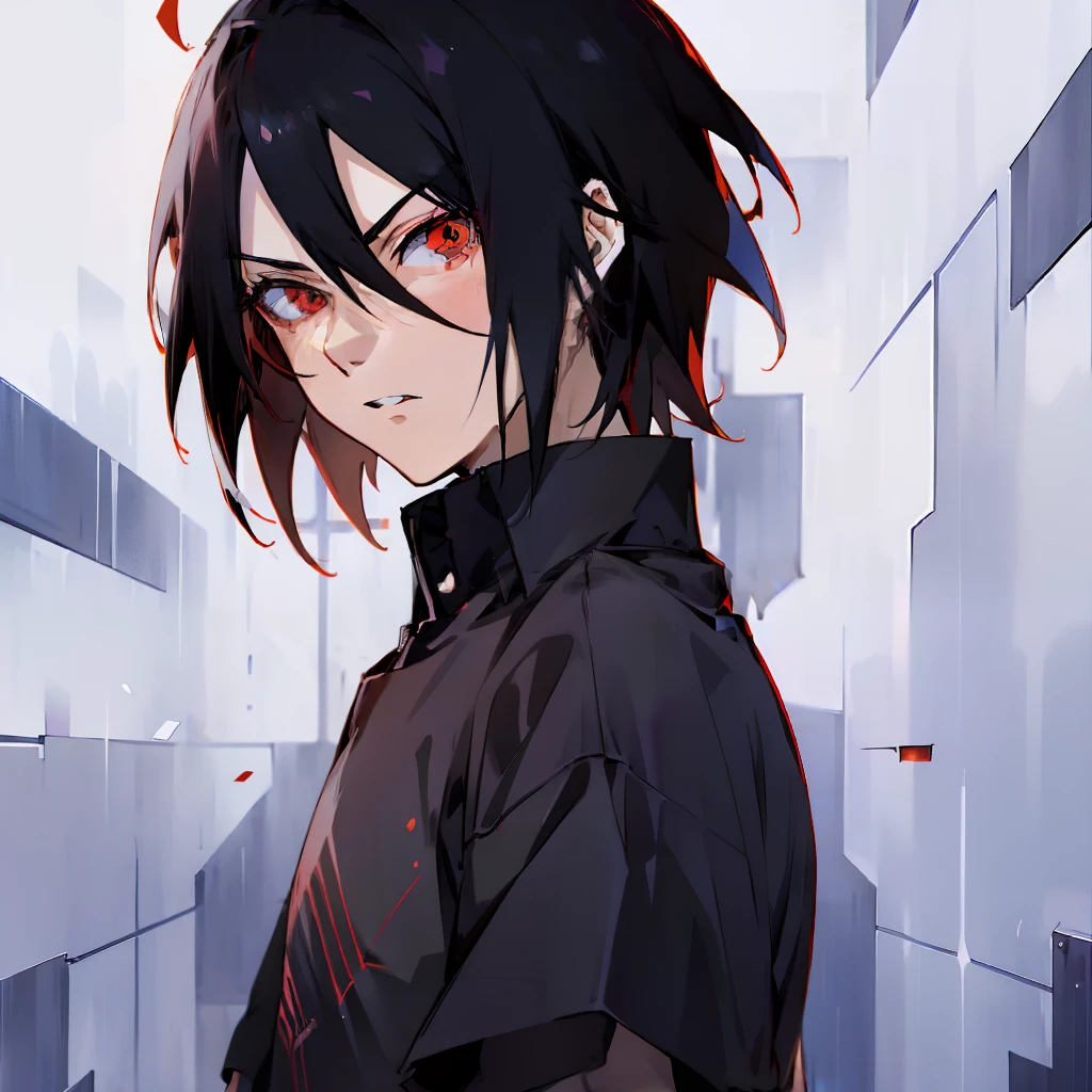 Anime boy black shirt，red color eyes，Upper body display