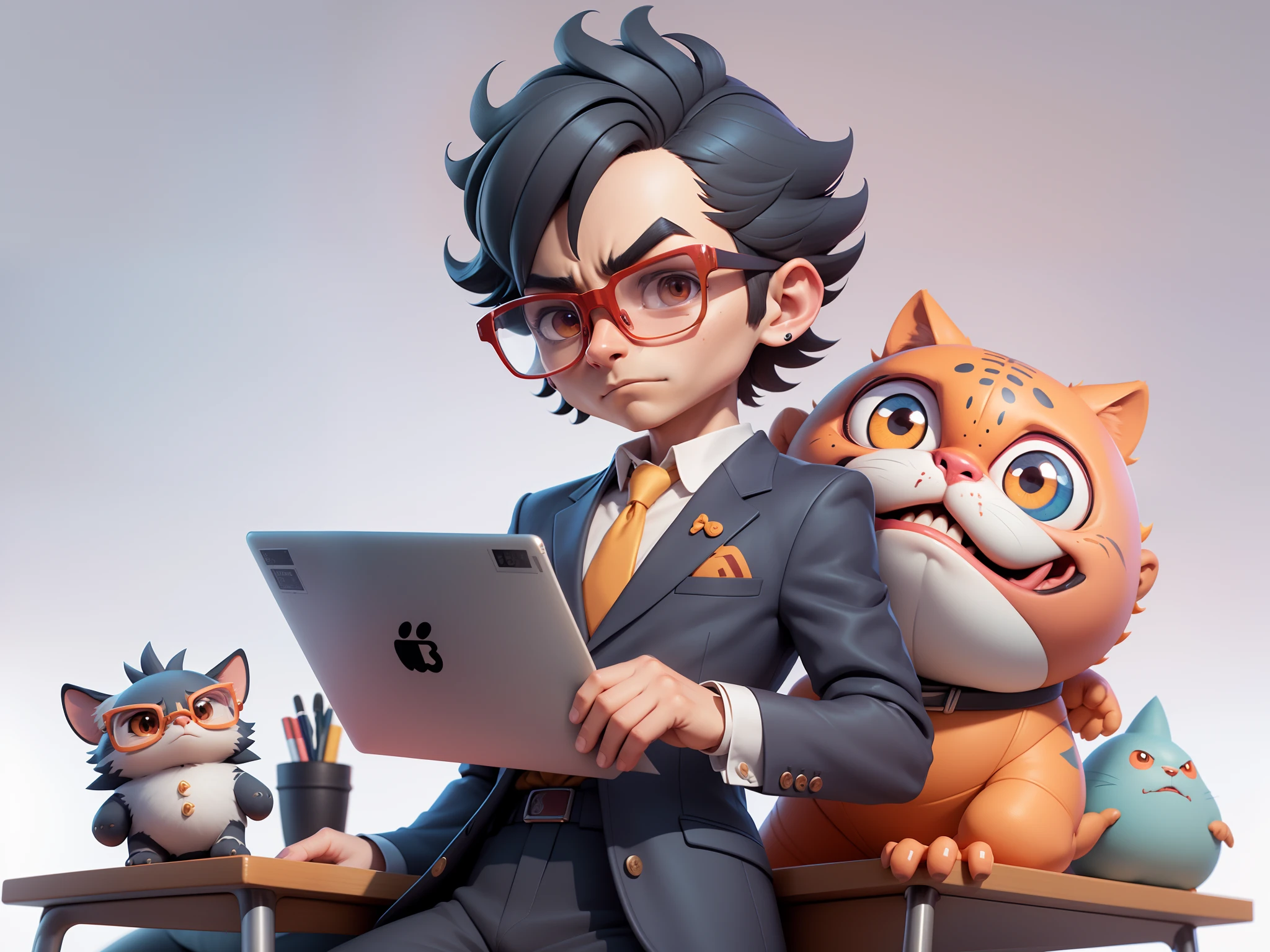 A young man in a suit, Short hair and glasses sat at his desk,holding laptop,digitial painting,tigre,3D character design by Mark Clairen and Pixar and Hayao Miyazaki and Akira Toriyama,4K HD illustration,Very detailed facial features and cartoon-style visuals。