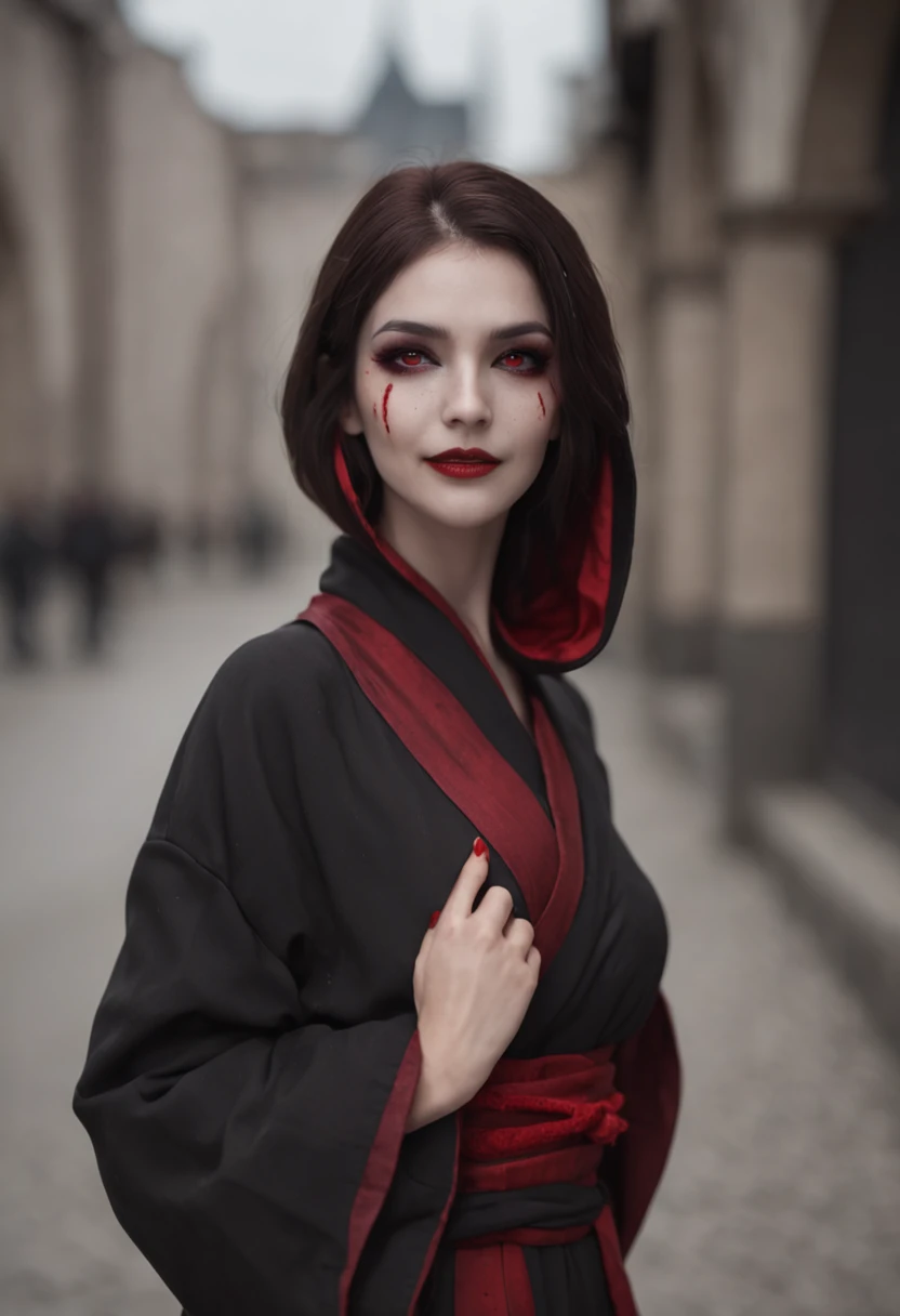 Black robe,red colour,Vampires,White skin of the,brunette color hair,red eyes,fang,pointy ears,The background is the city,Red Moon,blood stain,grinning smile,unholy