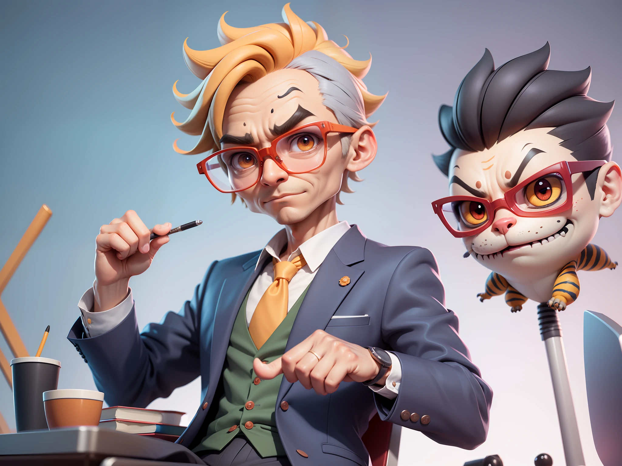 A young man in a suit, Short hair and glasses sat at his desk，holding laptop，digitial painting，tigre，3D character design by Mark Clairen and Pixar and Hayao Miyazaki and Akira Toriyama，4K HD illustration，Very detailed facial features and cartoon-style visuals。
