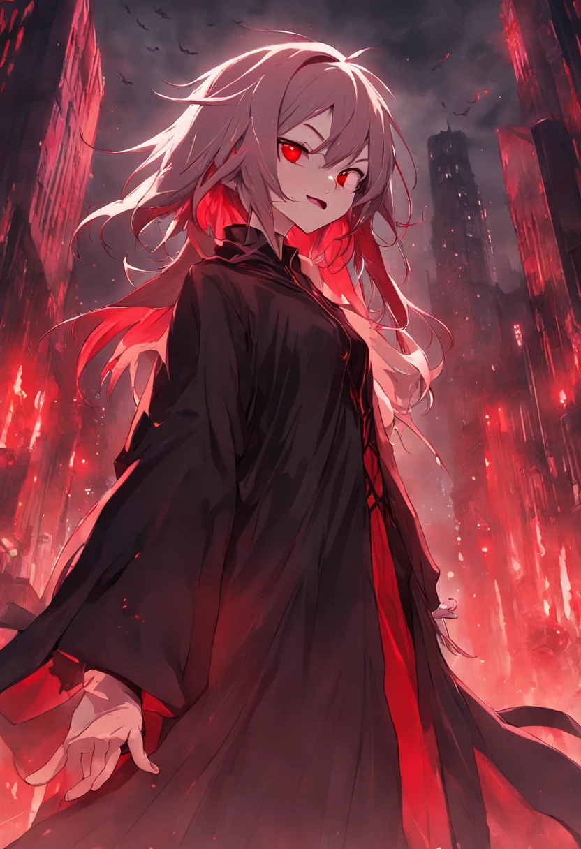Black robe,red colour,Vampires,White skin of the,brunette color hair,red eyes,fang,pointy ears,The background is the city,Red Moon,blood stain,grinning smile,unholy