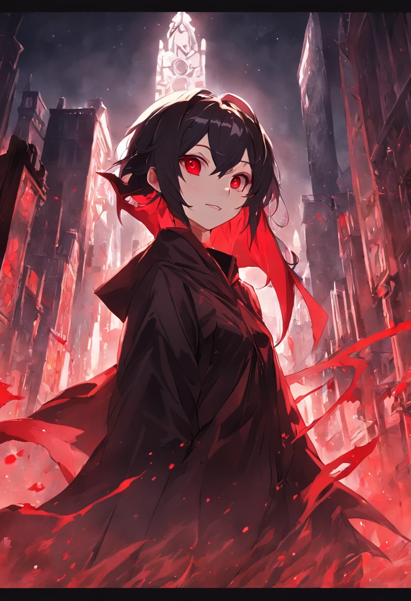 Black robe,red colour,Vampires,White skin of the,brunette color hair,red eyes,fang,pointy ears,The background is the city,Red Moon,blood stain,grinning smile,unholy