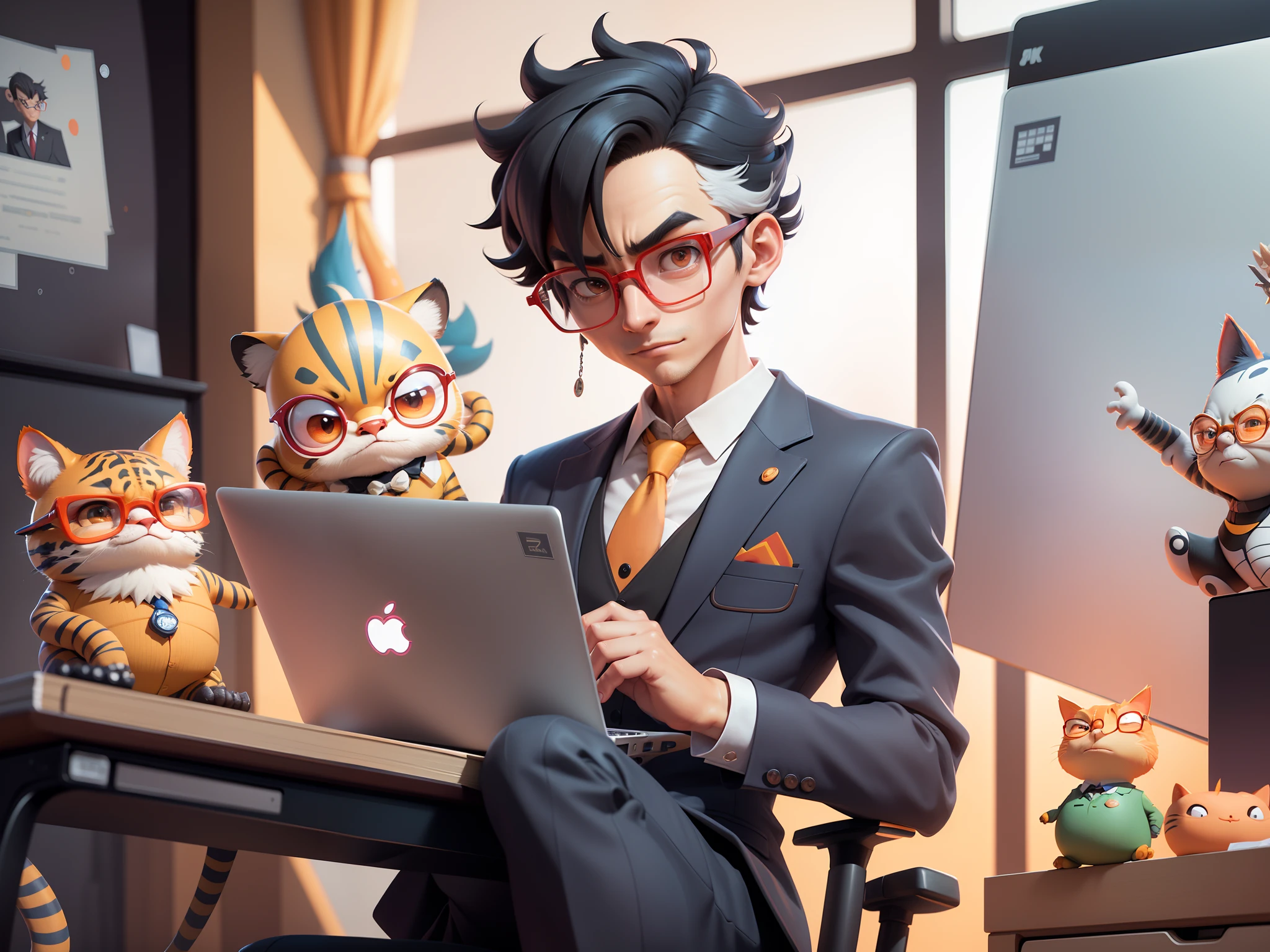 A young man in a suit, Short hair and glasses sat at his desk,holding laptop,digitial painting,tigre,3D character design by Mark Clairen and Pixar and Hayao Miyazaki and Akira Toriyama,4K HD illustration,Very detailed facial features and cartoon-style visuals。