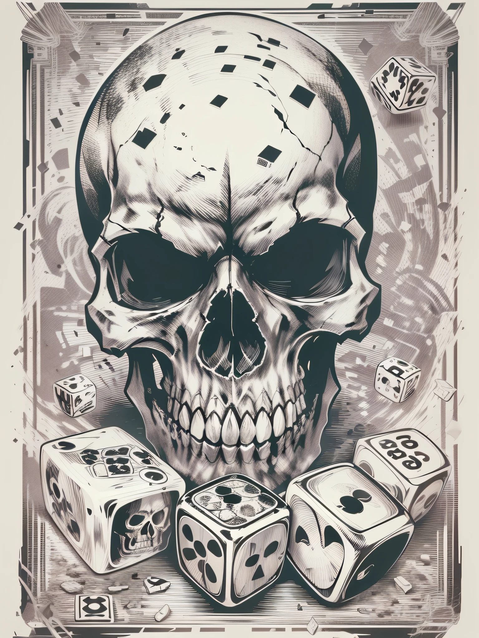 printable t-shirt vector of image of skull playing dice, dark style image, drawn art style image, image with white background, black and white toned image