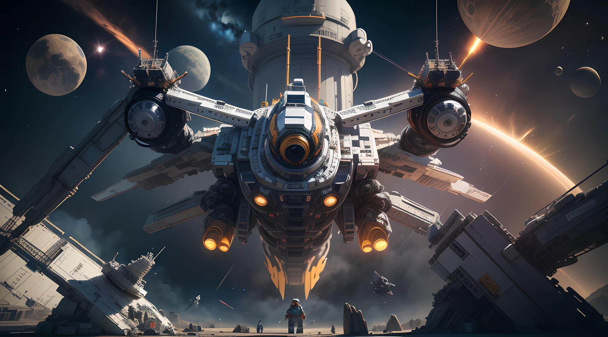 LEGO is set in outer space,There are multiple spaceships,The spacecraft is very detailed,There are multiple alien robots fighting each other,The robot is very detailed,超高分辨率,8K UHD