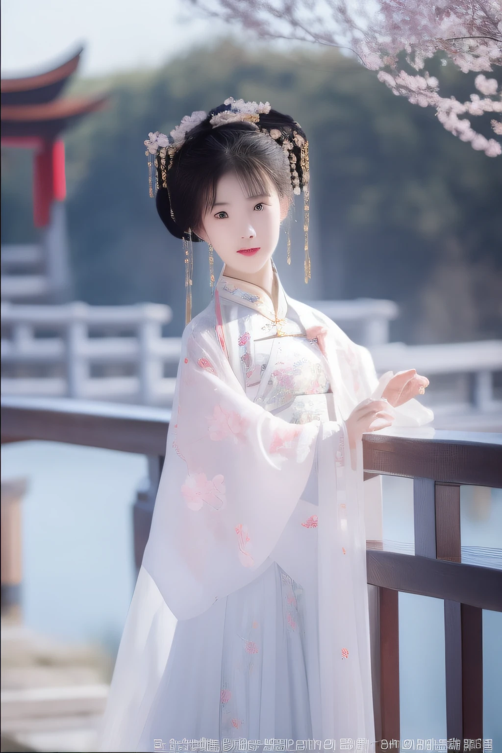 small bridge flowing water，On the bridge deck stood a woman dressed in Chinese clothing。。。。。。，Delicate facial features，In exuberant spirits。hyper HD
