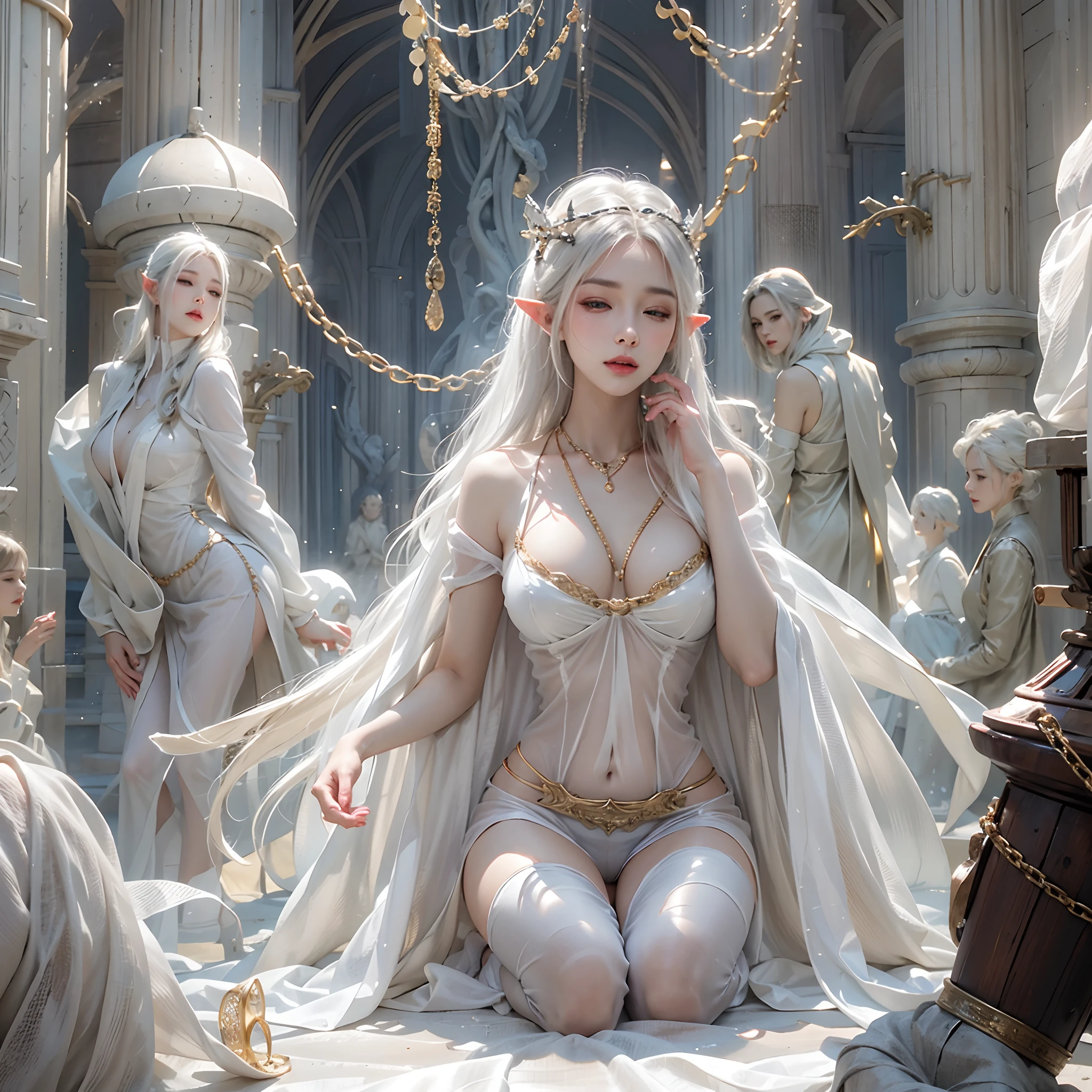 Photorealistic, high resolution, 1womanl, Solo, Hips up, view the viewer, (Detailed face), White hair, Long hair, dress, Ice Queen, crown, jewelry, The tattooed Middle-earth Elf Princess closed her eyes,dungeon,Excretion of breast milk,Large fleshy fat ears drooping,Stiletto heeled pointed toe wedding shoes,spread their legs,Pure white elegant high heels,Luxurious clothing,ssmile,real-looking-skin,Beautiful face,耳Nipple Ring,White,Inner eight legs,panties parted,jewely,The transparent rubber snare on the ground is covered with fish intestines,High definition 8K,perfect bodies,A transparent latex thick iron column is placed on the crotch(Chains),Crotch chain(1girll),Golden hair,(the emperor,Black see-through garment),,Close your eyes slightly,low head,(is shy:1.2 ), ((Makeup)), High contrast, (Best illumination, an extremely create and beautiful), ((Cinematic light)), Bright colors,
