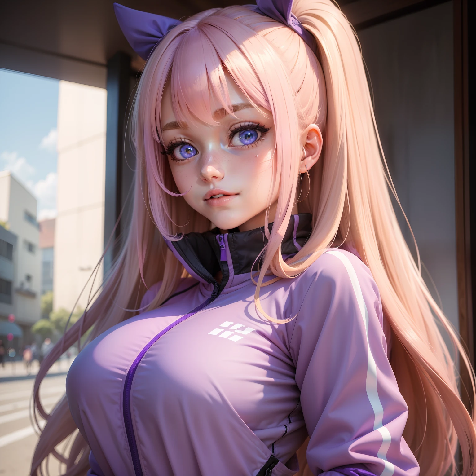 harems　Girl in pink track jacket　smil　long　Purple hair　a blond　a beauty girl　blue eyess　super-detaild skin　hyperdetailed face　Colossal tits　beautiful a girl