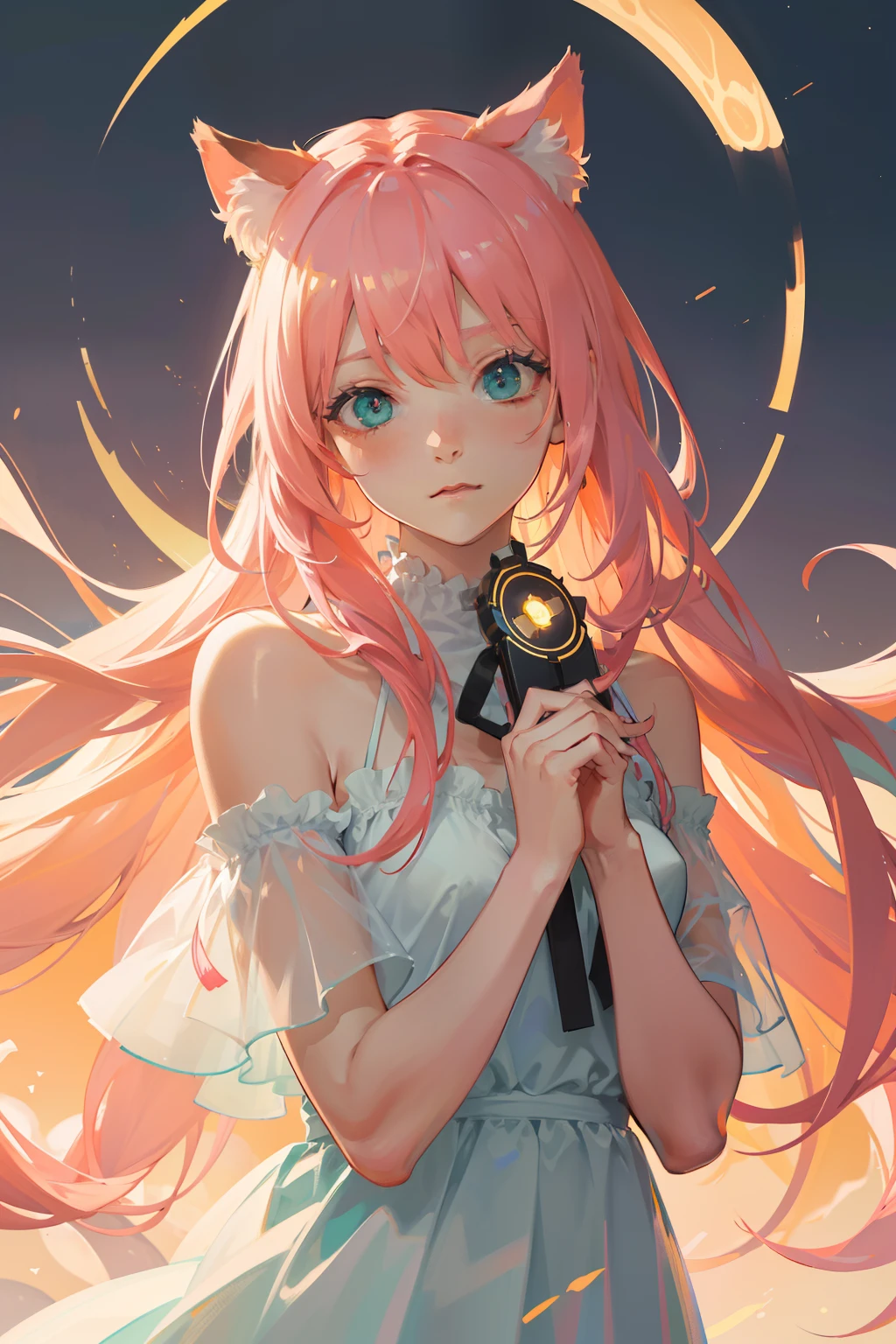 (Best Quality), (masutepiece), (Ultra Details), (Cinematic poster), (((Powerful ether light))), Cute girl in front of the center, (upper body), (pink hair), long long waved hair, green crystal big eyes, seductive face, cat ears, Faded fractal energy is almost invisible in the background, Strong cosmic energy representing money in tropical green pastel shades, minimalistic, Heavenly and hazy, Embodying Spirituality 16:9 format and 8K resolution Sony a7RIV camera, Meike 55mm f/1.8 lenses - ultra-realistic, 8K,