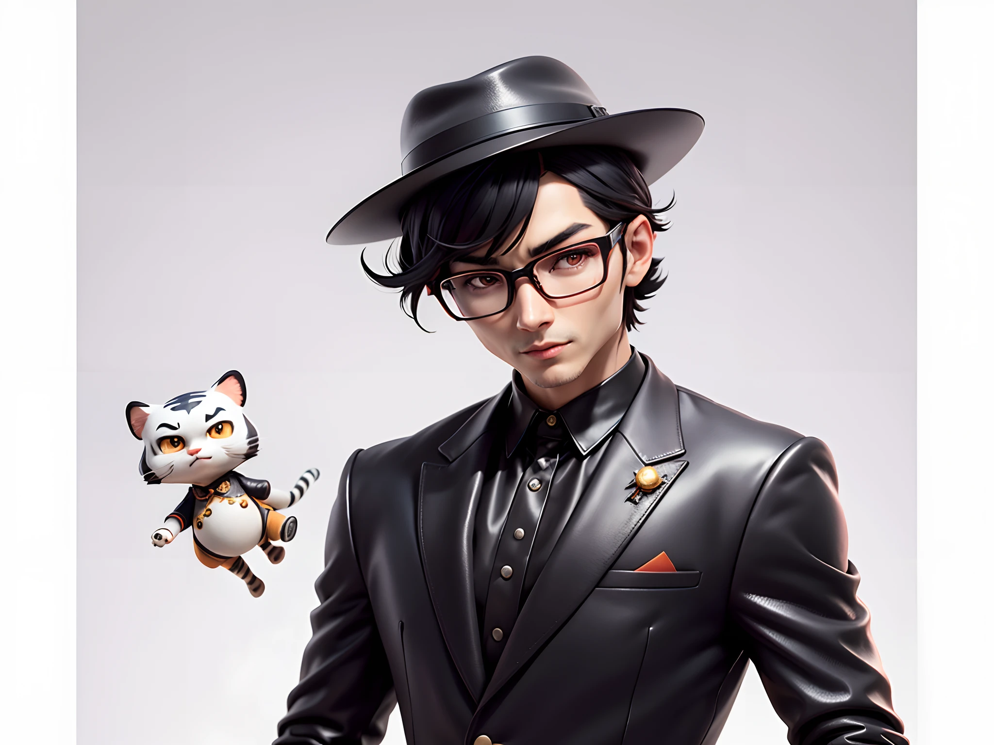 Young man with oriental face in leather hat, tiger, oriental face in formal suit, short black hair, silver glasses, digital painting, 3D character design by Mark Clairedon and Pixar and Hayao Miyazaki and Akira Toriyama, the illustration is a high-definition illustration in 4K resolution with very detailed facial features and cartoon-style visuals.