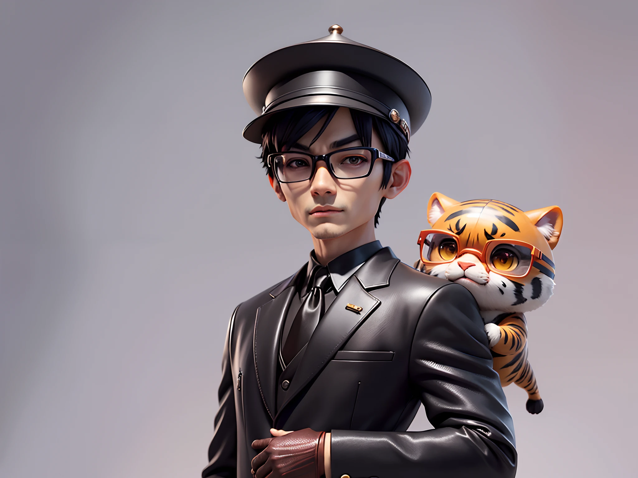 Young man with oriental face in leather hat, tiger, oriental face in formal suit, short black hair, silver glasses, digital painting, 3D character design by Mark Clairedon and Pixar and Hayao Miyazaki and Akira Toriyama, the illustration is a high-definition illustration in 4K resolution with very detailed facial features and cartoon-style visuals.