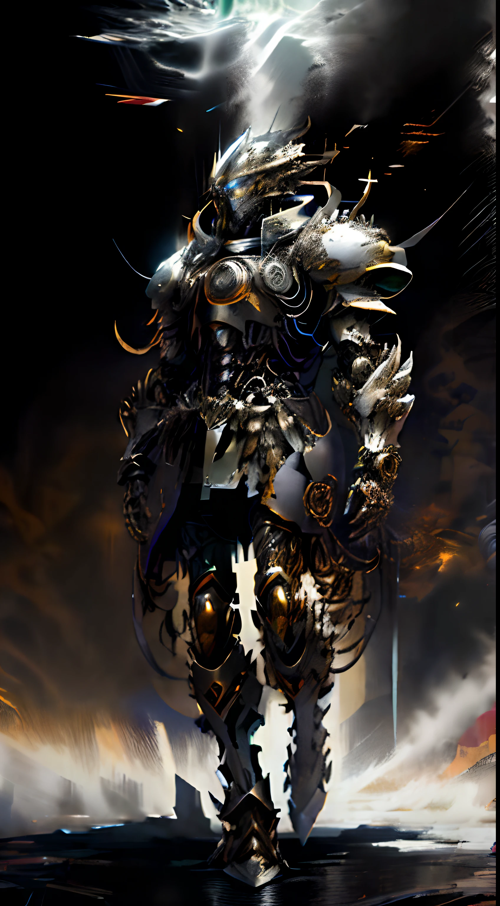 Close-up of a man with a sword and wings, angel in plastic armor, armor angle with wing, clothed in ethereal armor, detailed cosmic angelic robot, clothed in ethereal battle armor, futuristic robot angel, Archangel, dressed in light armor, From Arknights, sliver ice color reflected armor, full - body majestic angel, high detailed official artwork