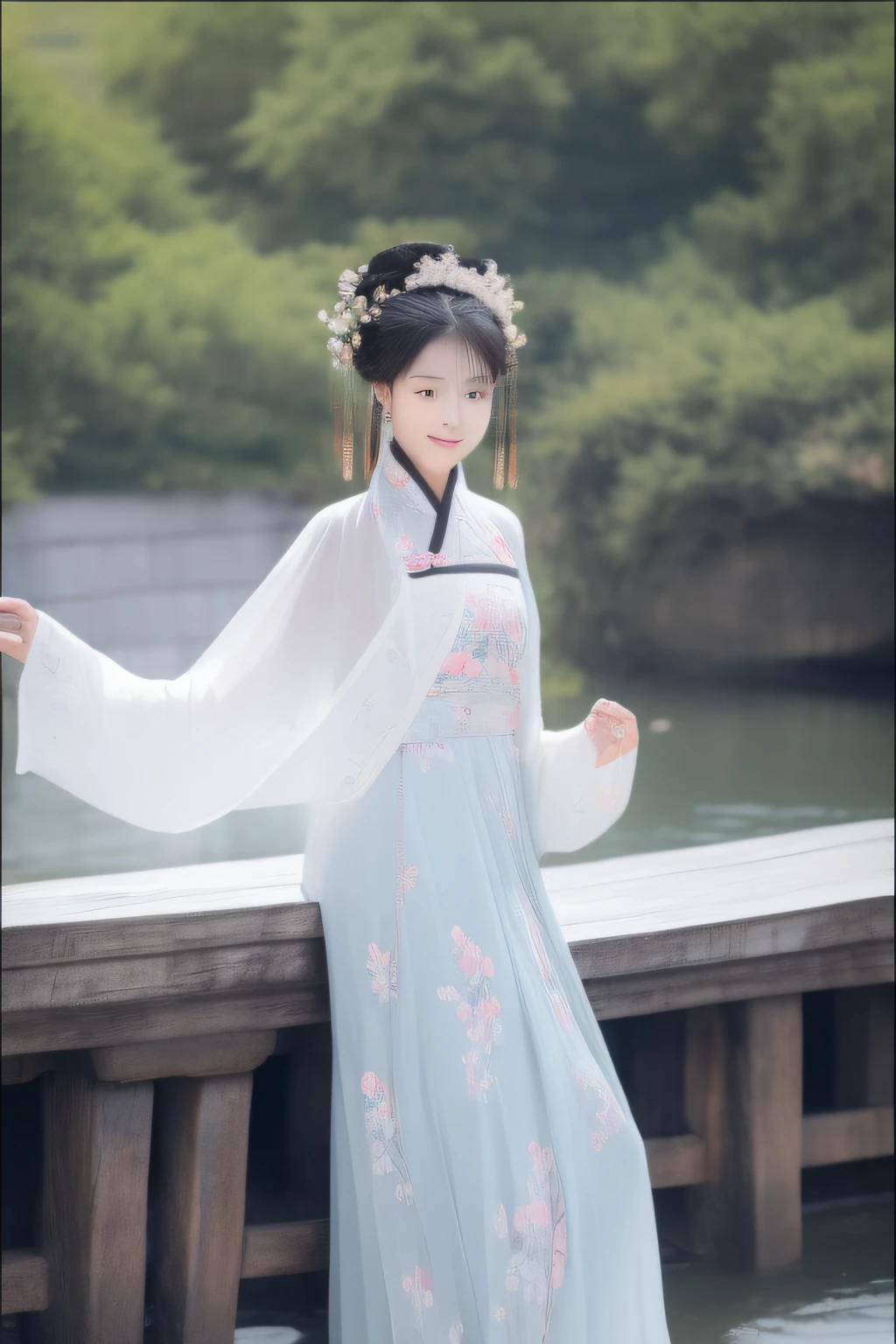 small bridge flowing water,On the bridge deck stood a woman dressed in Chinese clothing。。。。。。。,Delicate facial features,In exuberant spirits。hyper HD