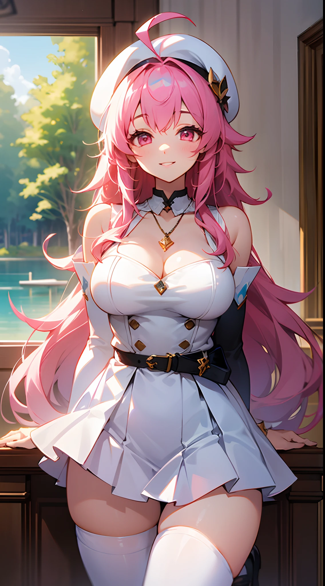 1 girl, game CG, white clothes, cleavage visible, shoulders visible, white short skirt, small white beret, jewel pendant, black shoes, gigantic breasts, pink hair, long hair, straight hair, princess hairstyle, ahoge , Pink Eyes, Smile, Observatory Indoors, Trees, Lake,