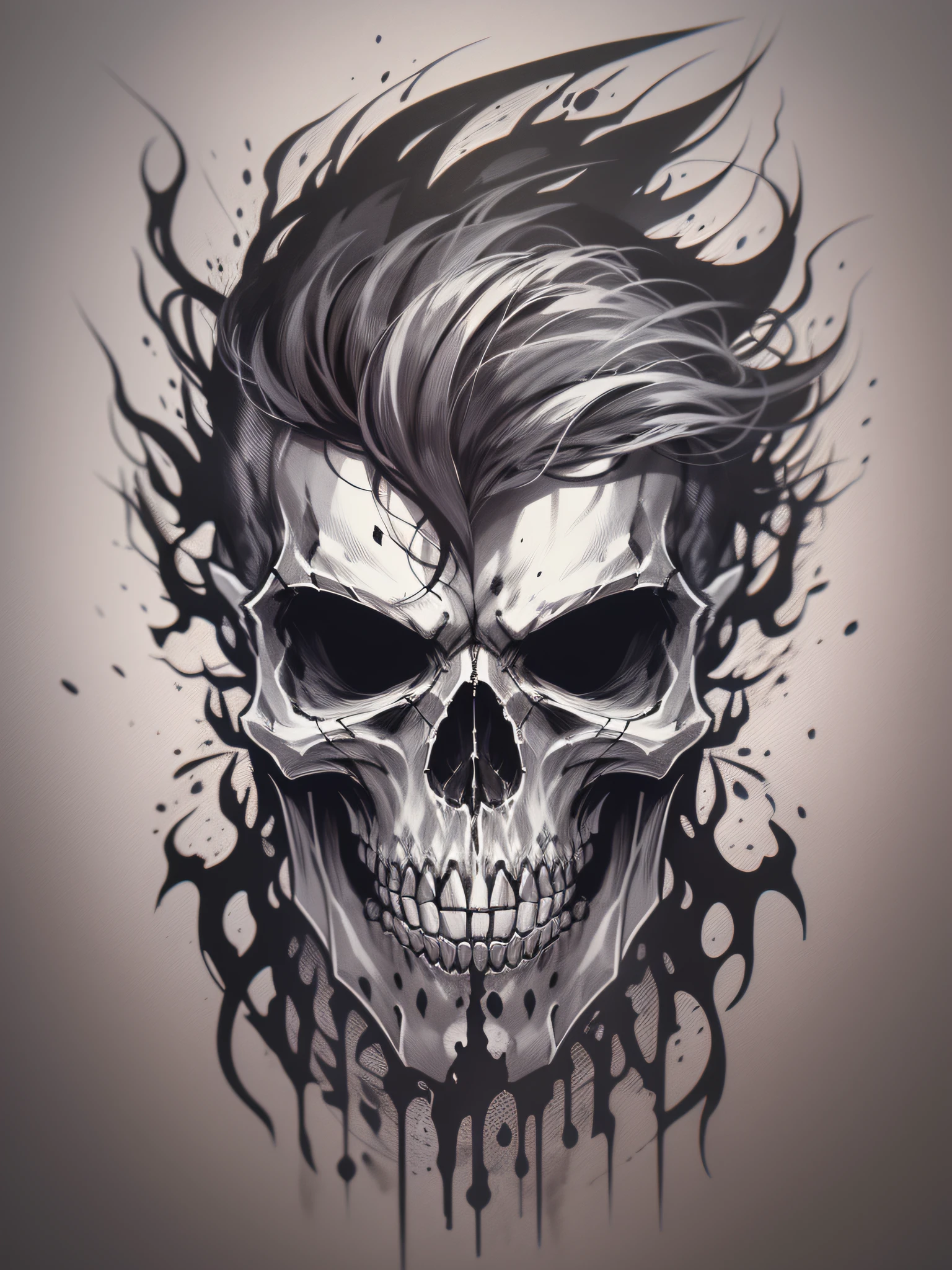 **reate a pencil drawing in a dark and punk style. In the center, position a detailed skull with a cracked black mohawk. The skull is in the center of a perfect, tubular wave that breaks powerfully to both sides. The drawing should be rendered in black pencil, with realistic shading that highlights the intensity of the scene. The wave and skull should be detailed with precise shading, creating a dynamic and shadowy atmosphere that captures the destructive energy of the composition. Focus solely on the visual elements, without any text, to enhance the dark and impactful mood of the image.