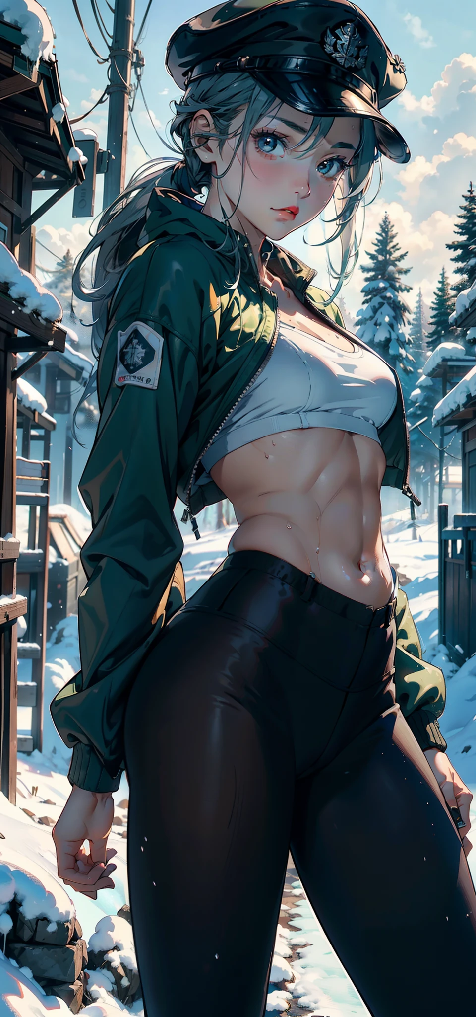 1female，，bit girl，super adorable，smallunderboob，Pornographic exposure， 独奏，（Background with：hilltop，coniferous forest，at winter season，Snow on the ground，exteriors） Feel free to hairstyle，Stride，Sweat profusely，drenched all over the body，seen from the front，Long blonde hair ， mostly cloudy sky，（（（tmasterpiece），（Very detailed CG unity 8K wallpaper），best qualtiy，cinmatic lighting，detailed back ground，beatiful detailed eyes，Bright pupils，（Very fine and beautiful），（Beautiful and detailed eye description），ultra - detailed，tmasterpiece，）），face to the viewer，frontage，A high resolution，ultra - detailed）nakeness，Wipe off panties，revealing breasts，Bare genitalia， Bulge，Camel toes，Raised sexy，Lewd expression，Flushed complexion，Open-mouthed，frontage，（Wearing：green colored bomber jacket，Black pantyhose）